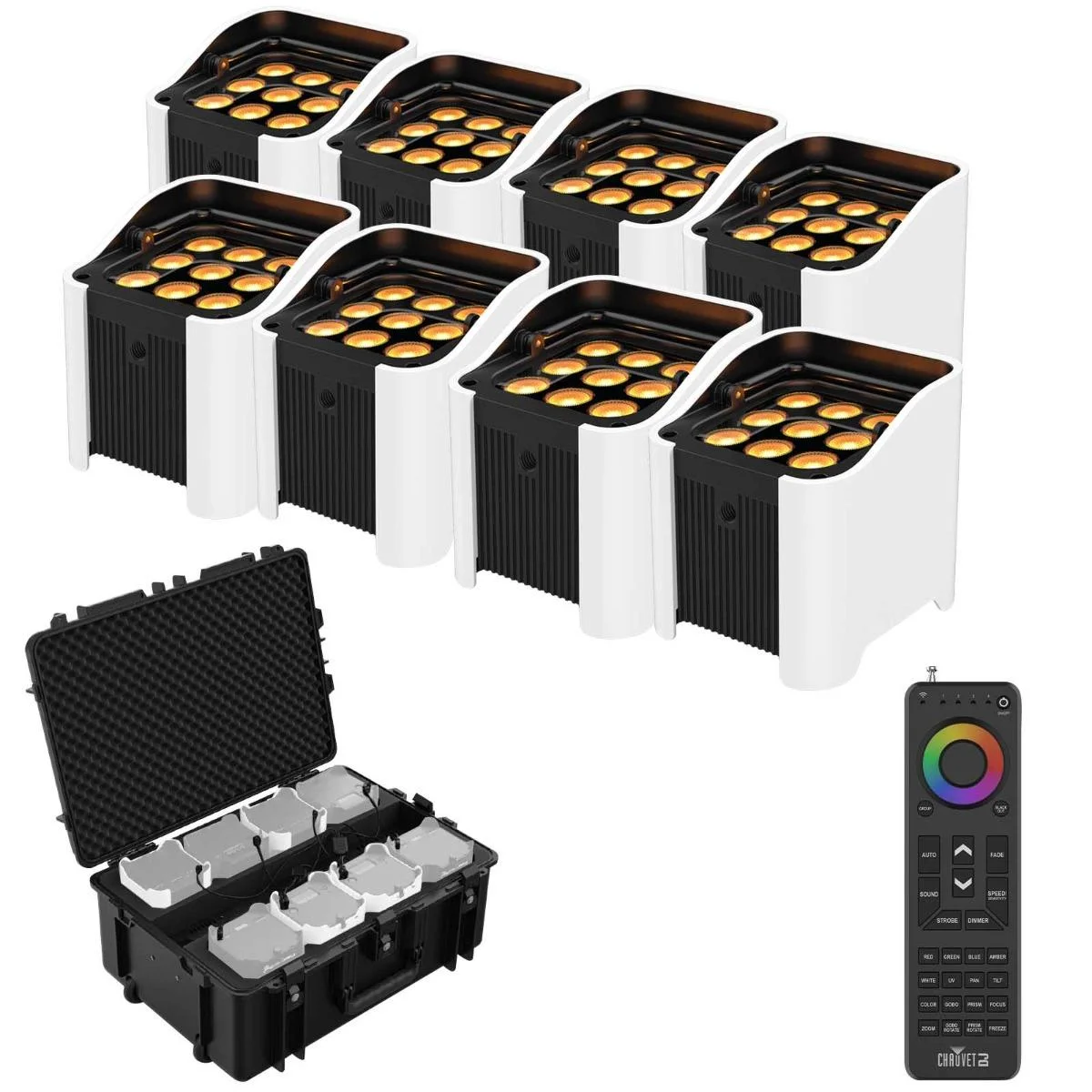 Chauvet DJ Freedom Par Q9 Quad-Color (RGBA) LED Uplights with White Sleeves & Charging Case Eight Package