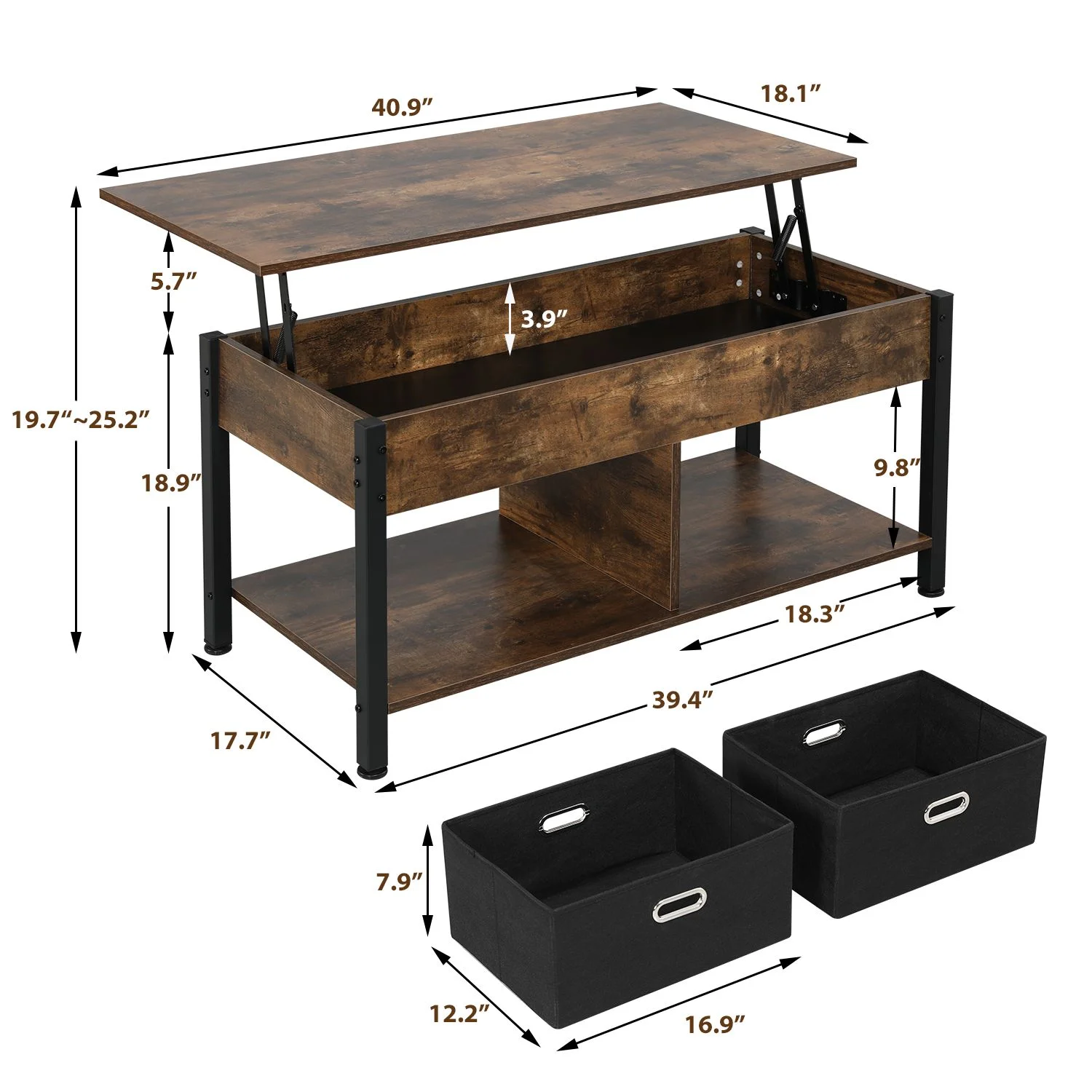 Hommow Lift Top Coffee Table, 41'' Coffee Table with Storage and Hidden Compartment, Brown