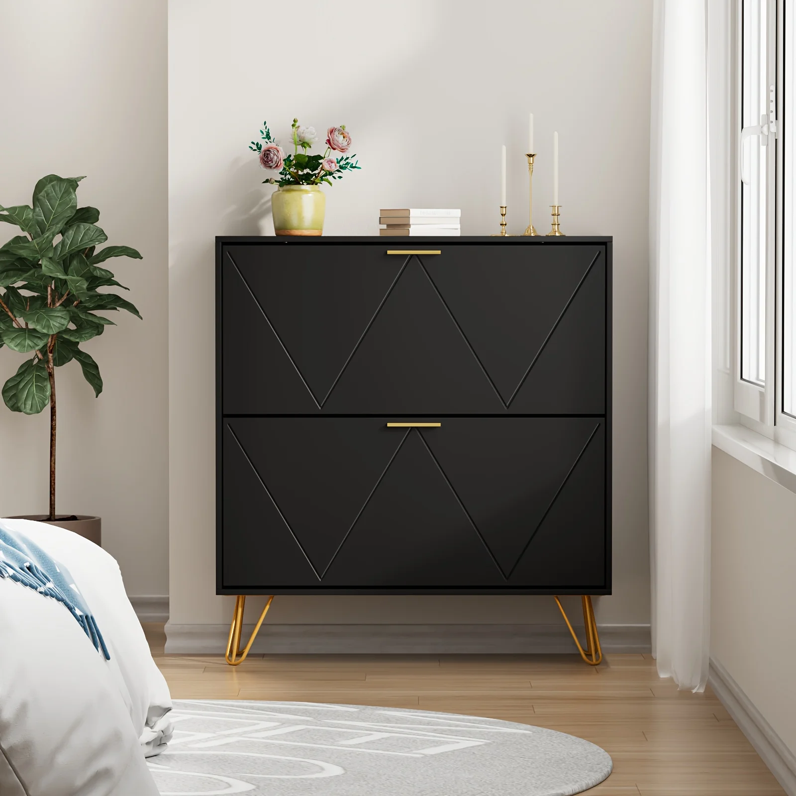 Shoe Cabinet for Entryway Slim, White Shoe Storage Cabinet with 2 Flip Drawers, Narrow Shoe Rack Cabinet, Freestanding Shoe Cabinet Organizer with Metal Handle and Legs for Entryway, Hallway