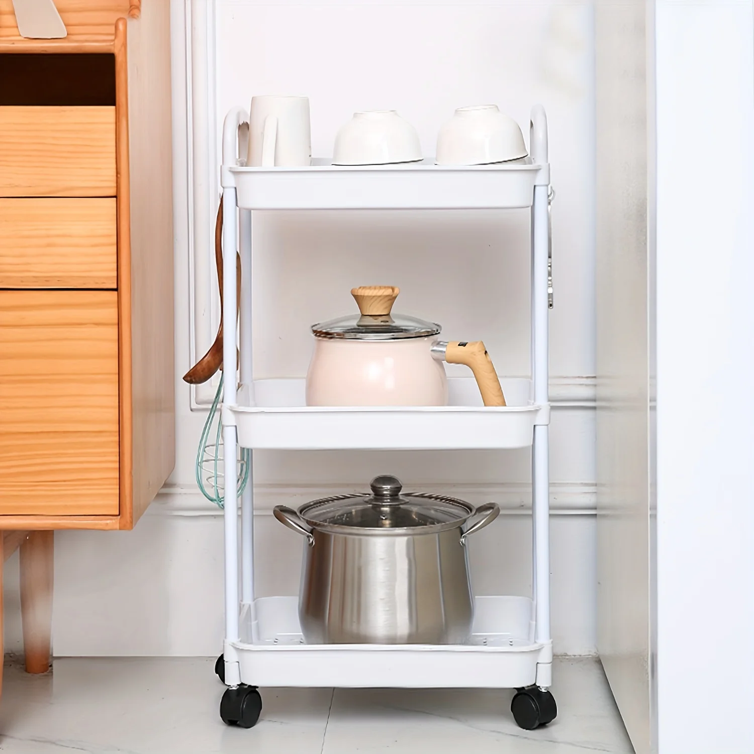 1pc Storage Rack, 3 Tier, With Pulley, Kitchen, Bathroom Shelf, Floor, Multi-Layer, Movable Storage Rack, Bedroom Snack Storage Rack