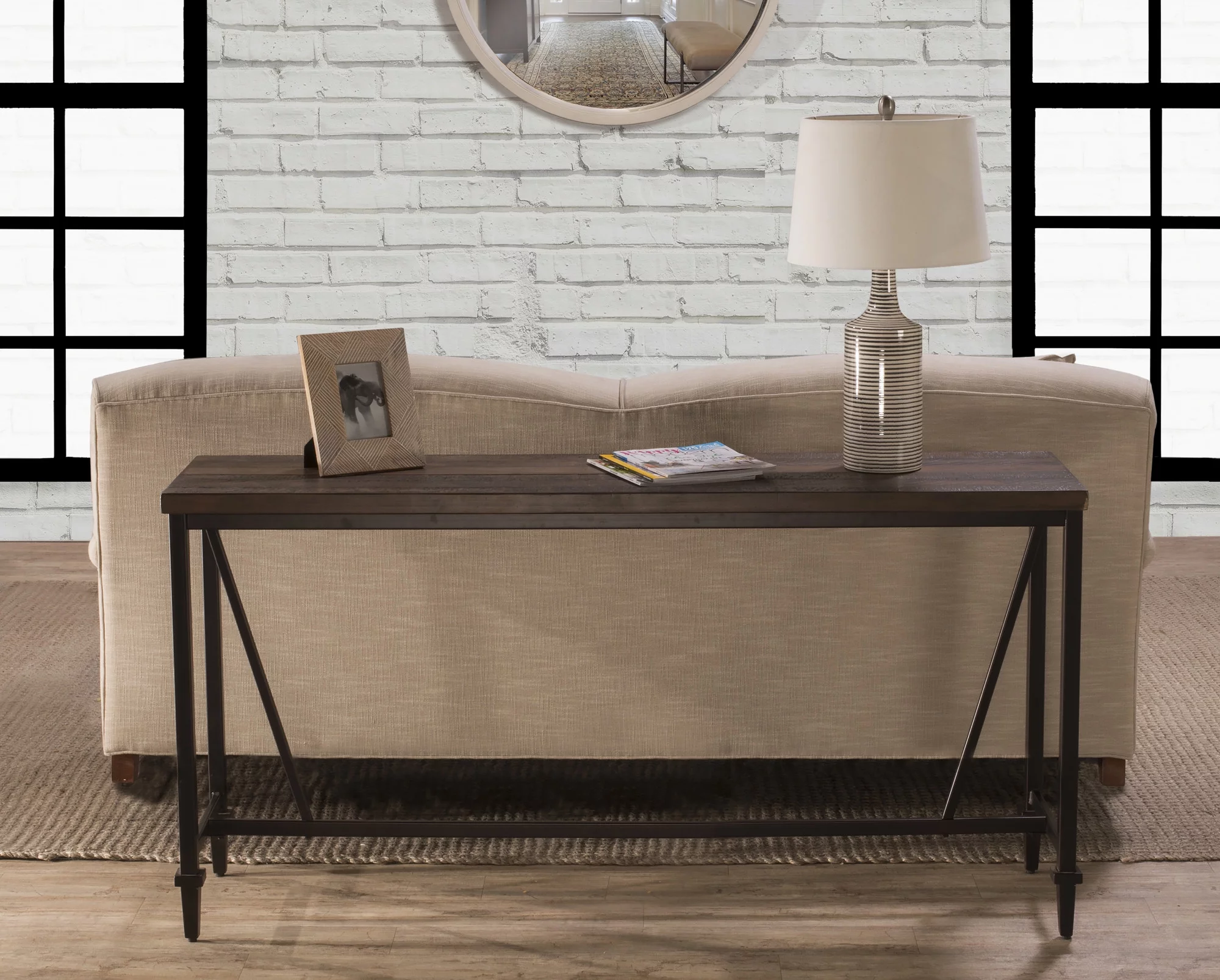 Hillsdale Furniture Trevino Distressed Walnut Top Copper Metal Console Table