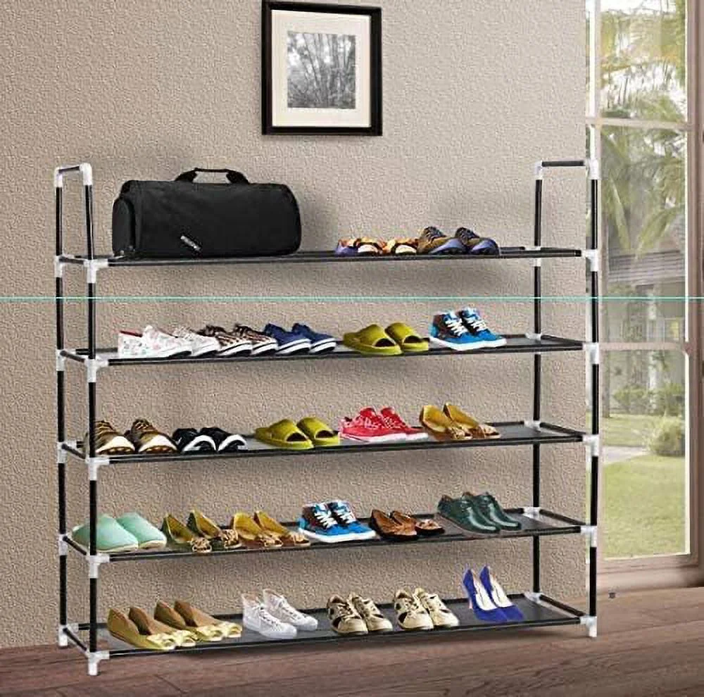 Inq Boutique Simple Assembly 5 Tiers Non-woven Fabric Shoe Rack with Handle Black RT