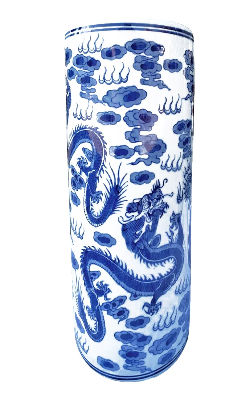 Oriental Porcelain Umbrella Stand with Blue and White Dragon - Oriental Furniture Warehouse