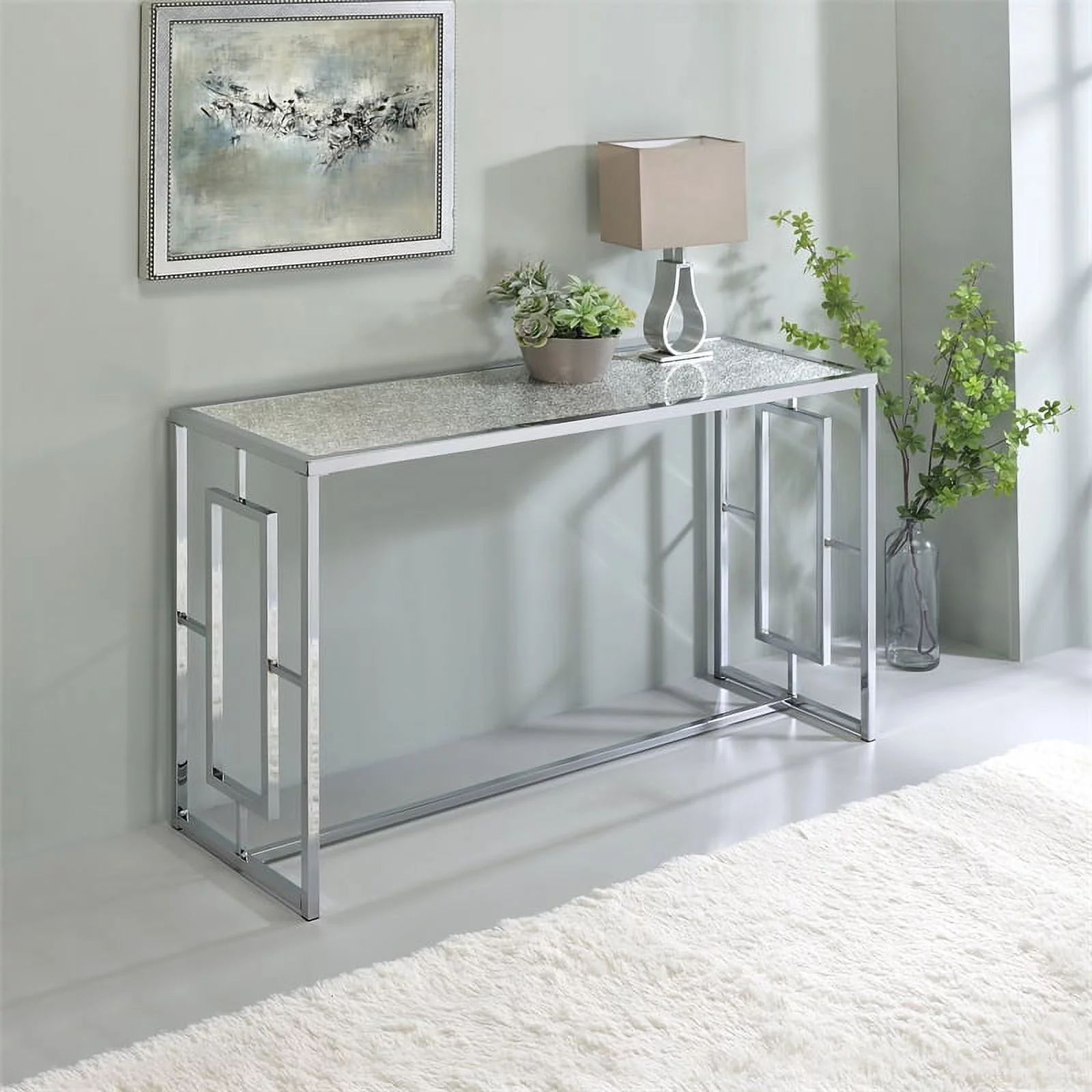 Furniture of America Harper Metal Chrome Sofa Table with Waterfall Pattern Top