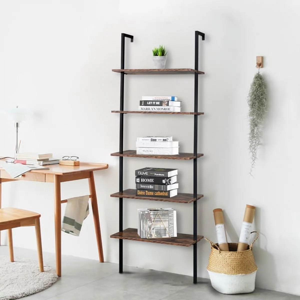 Bornmio Industrial Wall Mounted Bookcase 5-Tier Open Ladder Shelf Bookshelf with Metal Frame, 23.6