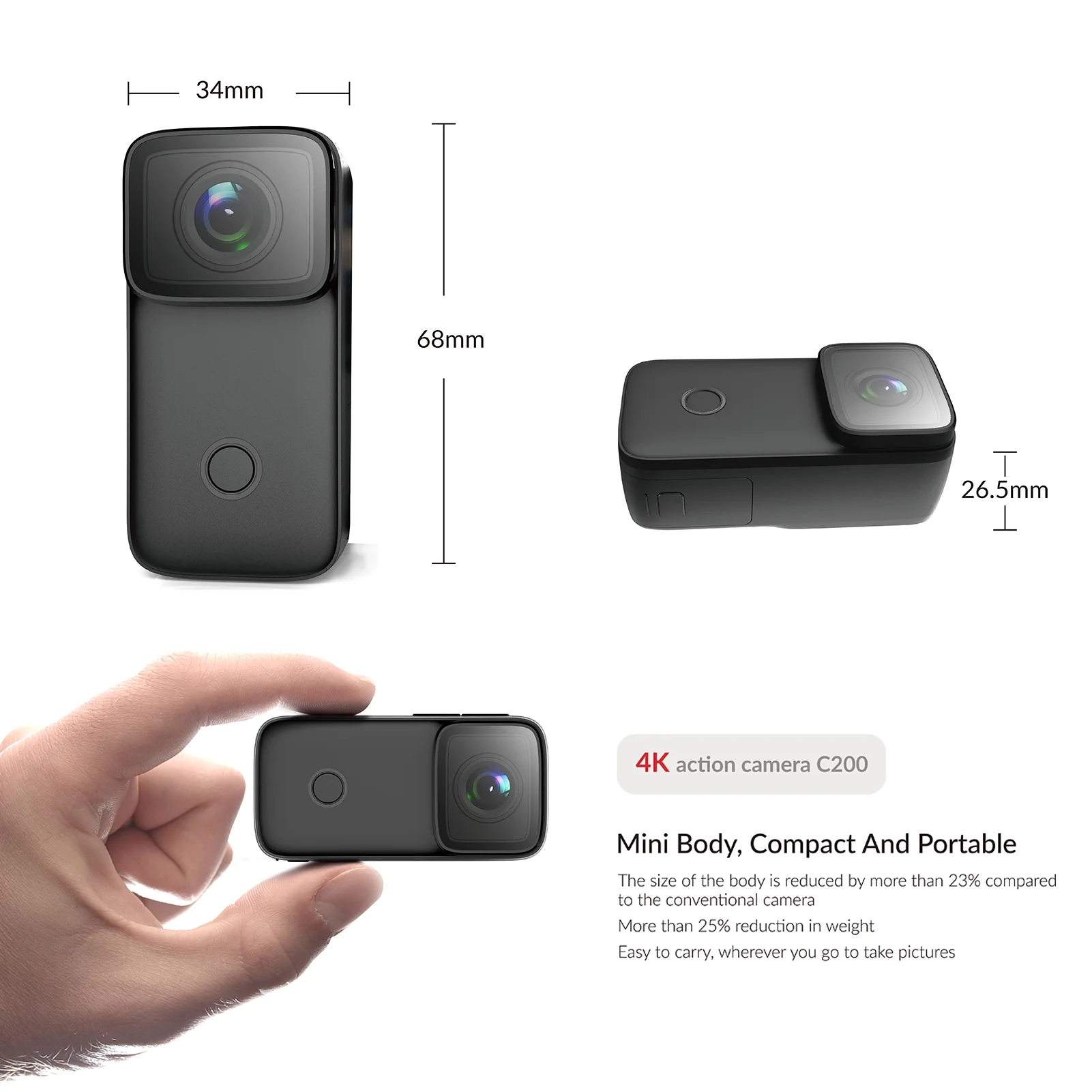 C200 4K Mini WiFi Action Camera - Features 1.28 Inch IPS Screen, 5M Waterproof, Anti-Shake, Face Recognition, Night Vision, and Built-in Rechargeable Battery