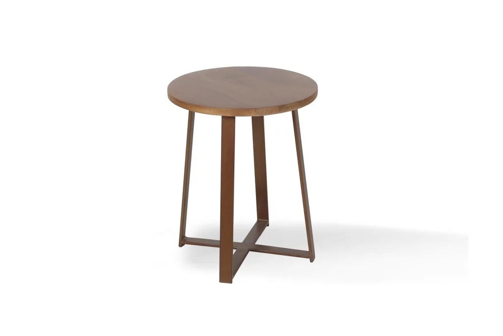 Posh Pollen Ross Round Side Table with Solid Wood Light Sand Brown Finish with Bronze Base
