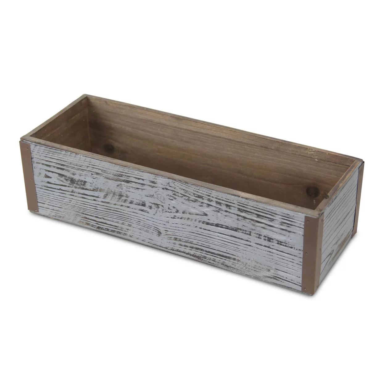 Gray Wash Wooden Rectangular Planter With Metal Corner Accents