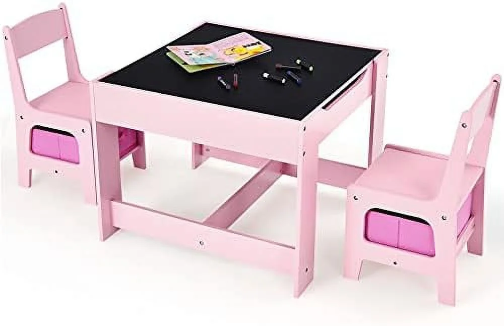 JYHOME Wood Table and 2 Chairs Set with Blackboard &  Drawers  Children Multi Activity Table for Learning  Playing  Drawing  3-in-1 Toddler Art Crafts Desk and Chairs Set (Natural)