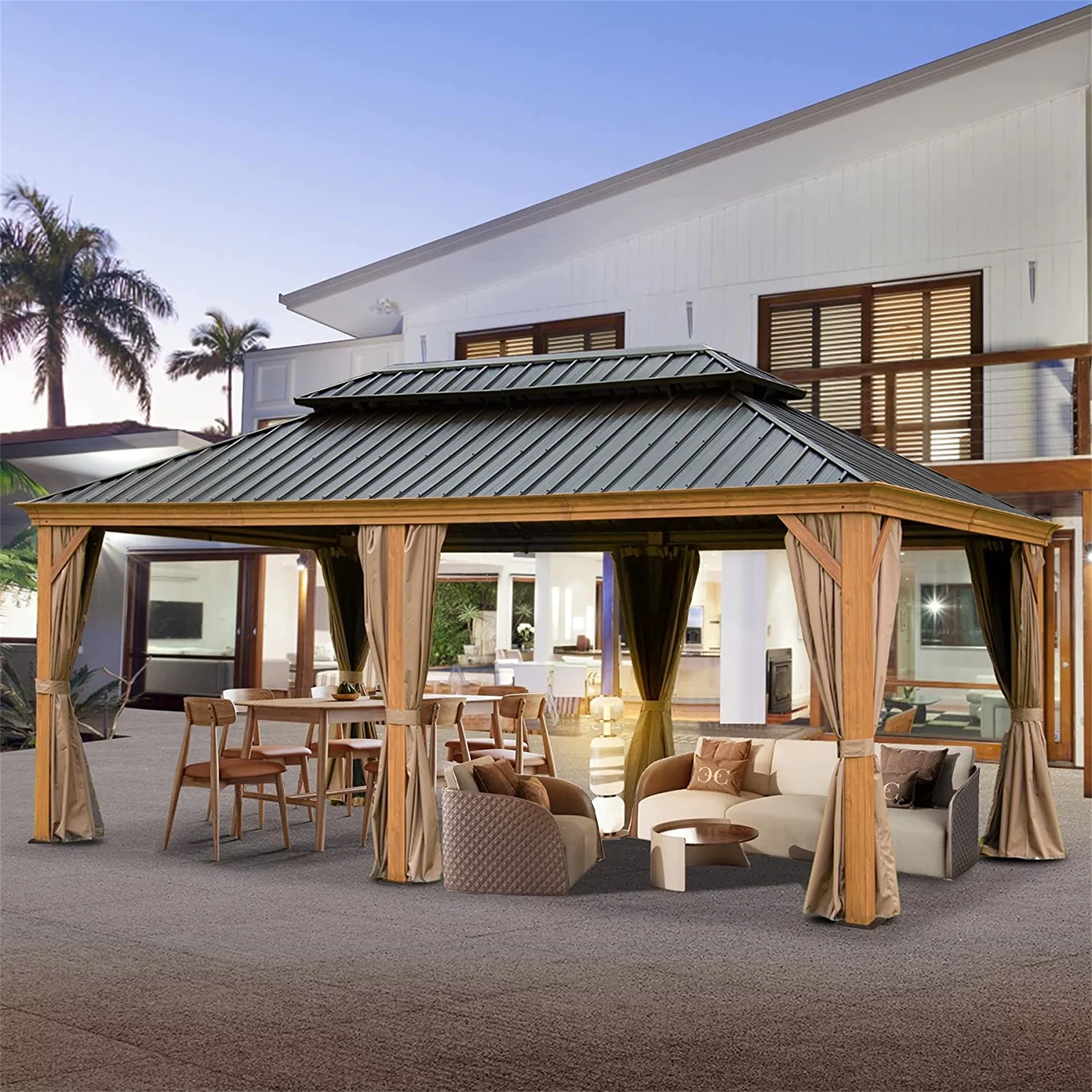 Homiyad 12'X20' Hardtop Gazebo Outdoor Aluminum Wood Grain Gazebos with Galvanized Steel Double Canopy for Patios Deck Backyard, Curtains&Netting (Wood-Looking)