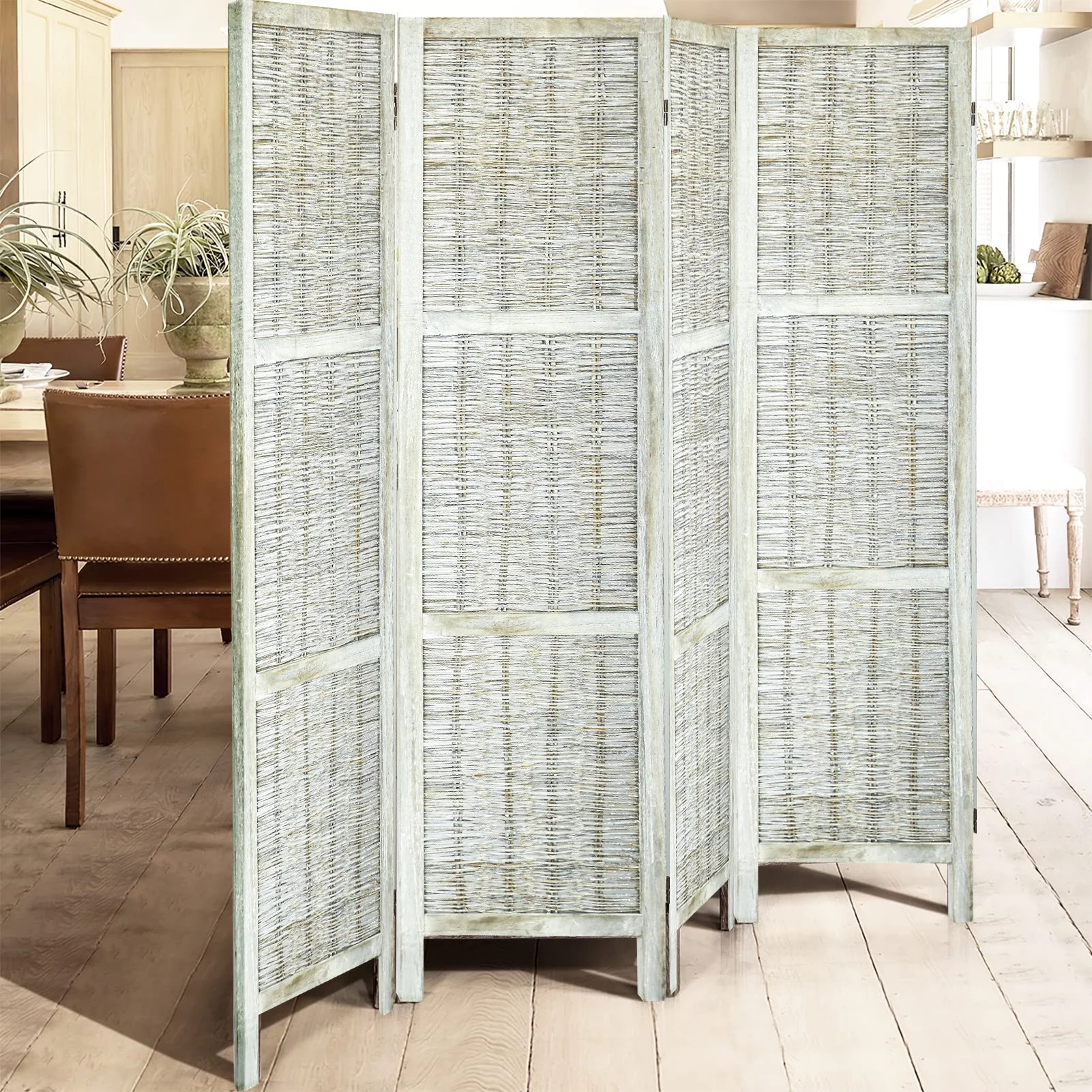 Ecomex 4 Panel Room Divider, Grass Willow Hand-Woven Folding Screen, 64