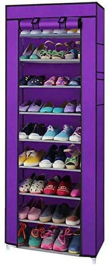 9-Tier Shoe Rack with Non-Woven Fabric Cover, Closet Storage Organizer Shoe Shelves 22.83 x 11.4 x 63 Inch for Entryway, Living Room, Bedroom, Rose Red（Purple）