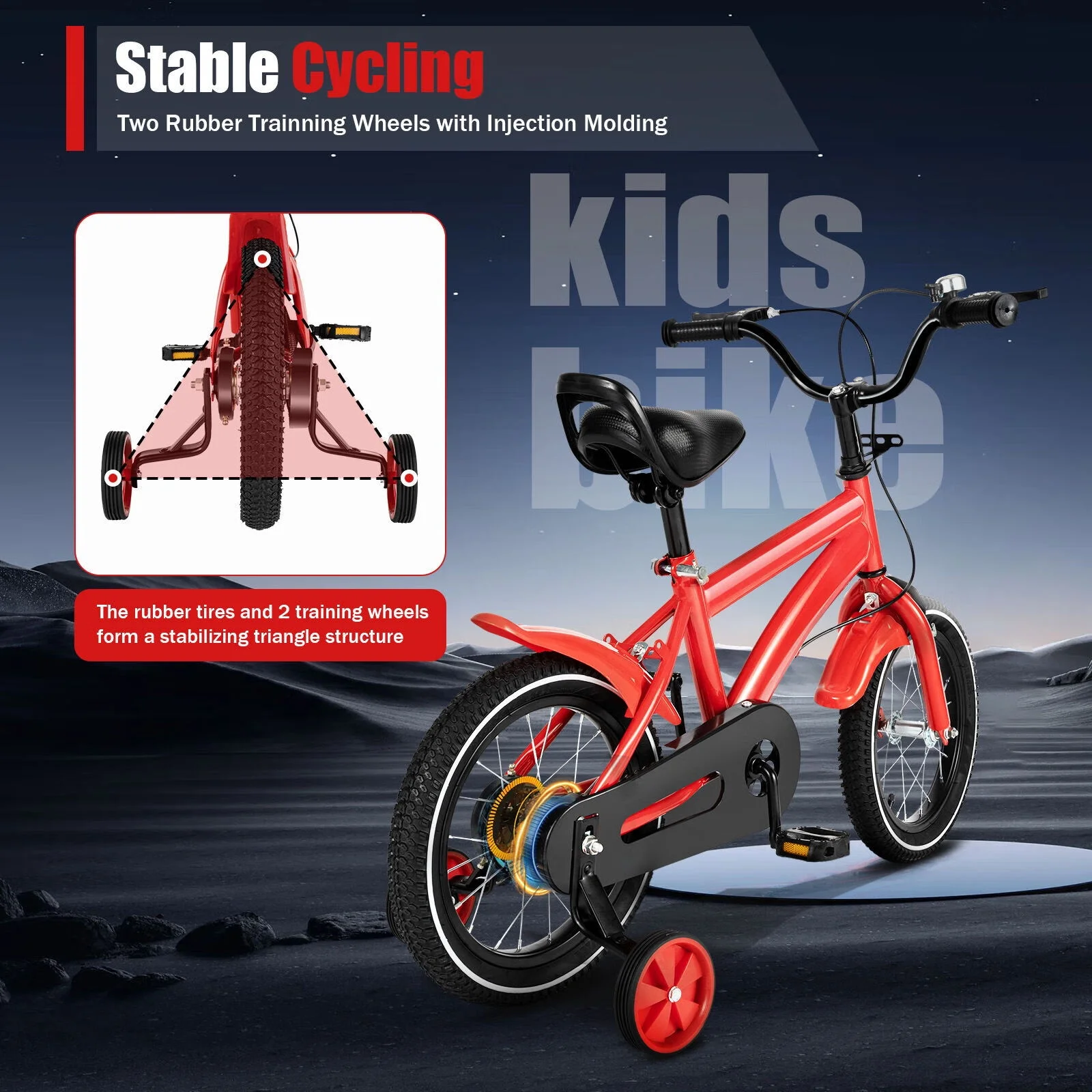YIYIBYUS 14 Inch Kids Bike Boy Girl Safe Bicycle with Training Wheels and Adjustable Seat, Red