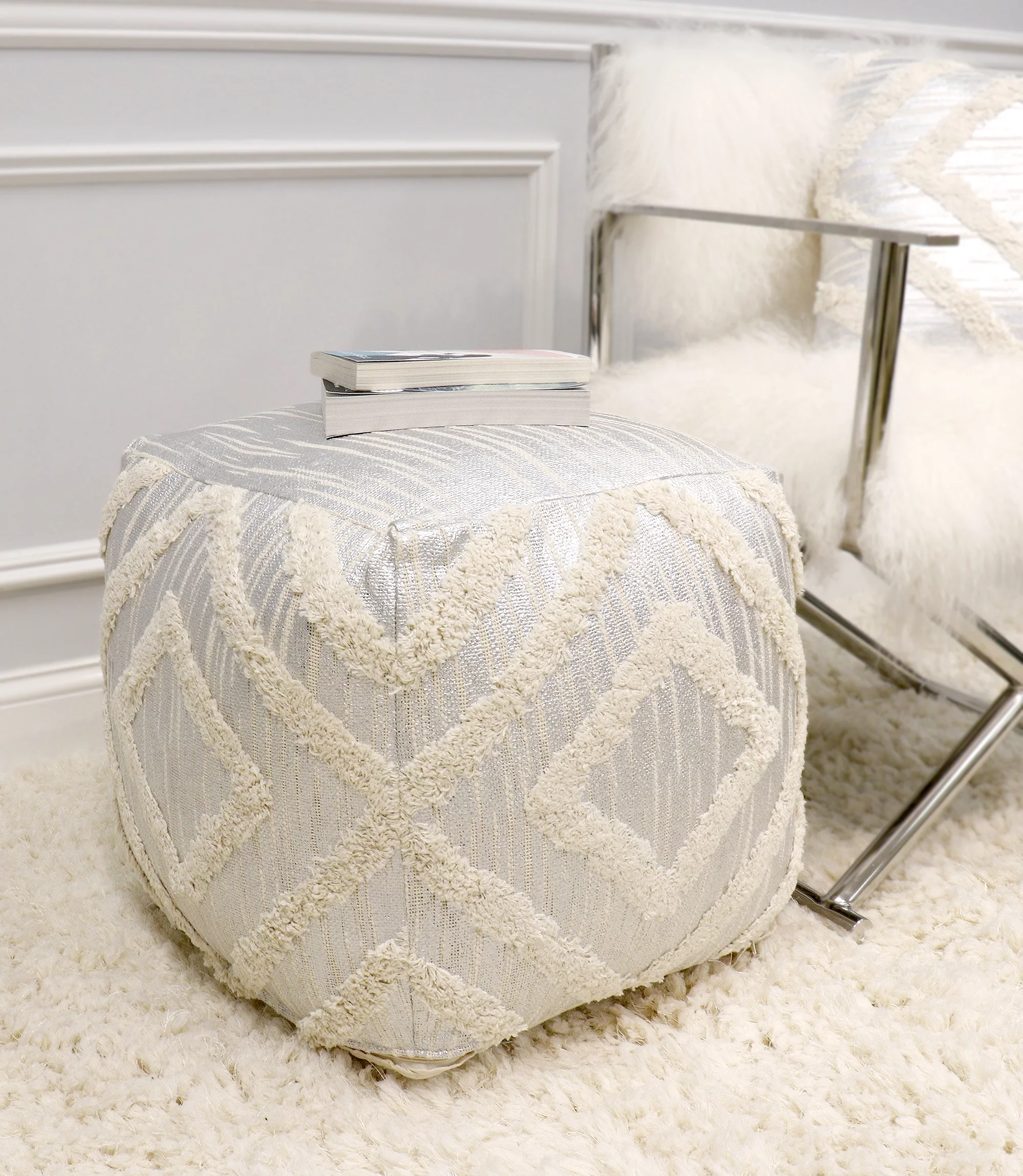 Pasargad Home Grand Canyon Cotton Pouf - Silver Foiled - 17.75 x 17.75 x 17.75 in.