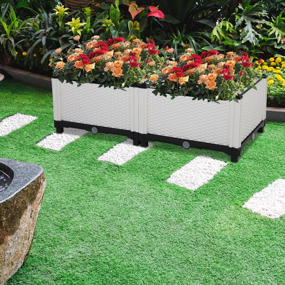Plastic Raised Garden Bed Kit, Seizeen Planting Box Set of 2, Garden Plant Container Rattan Pattern, with Removable Legs, Drainage Hole, Free Combined DIY Design