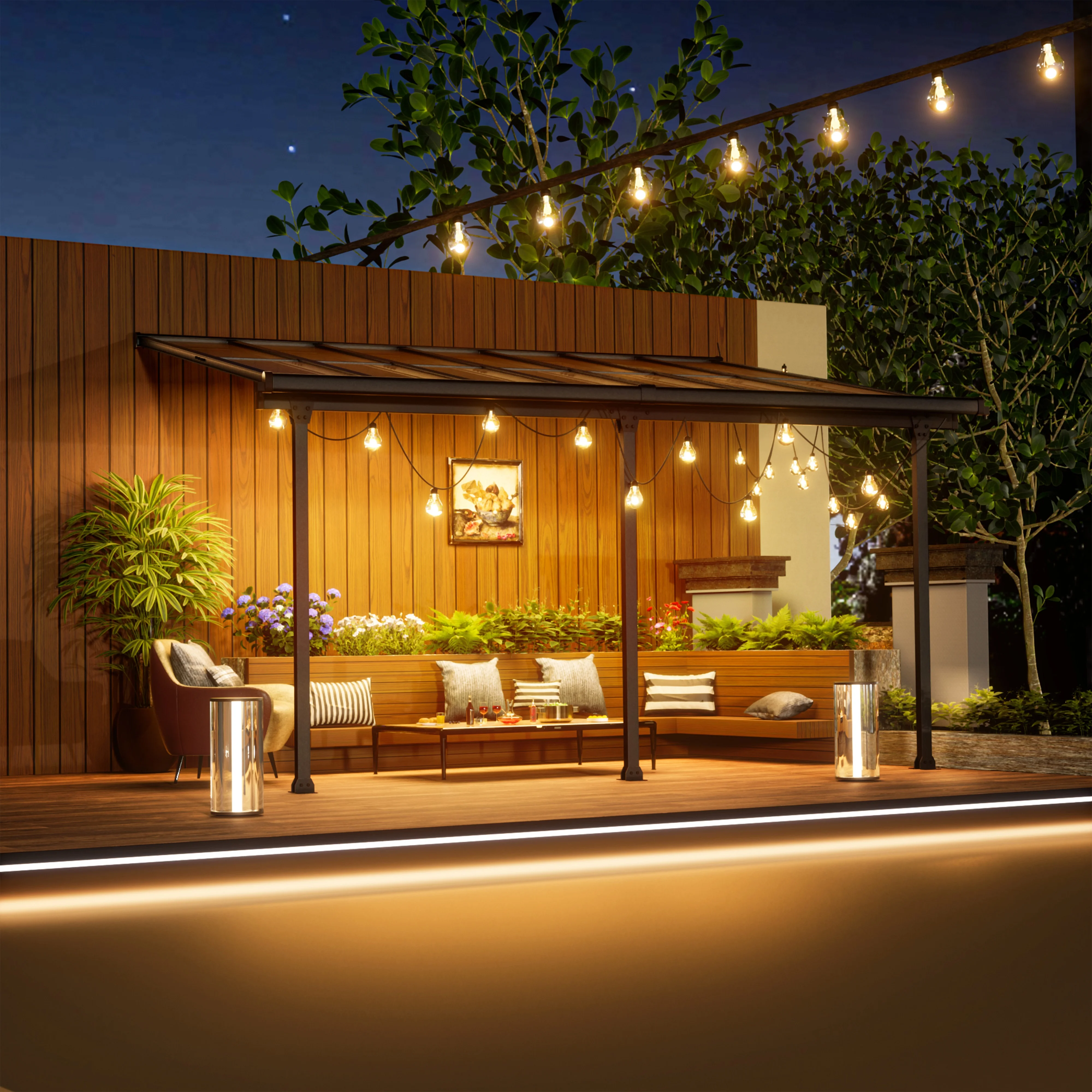 VEIKOUS 14' x 10' Hardtop Gazebo, Outdoor Adjustable Wall-mounting Gazebo w/Drainage Holes for Patio