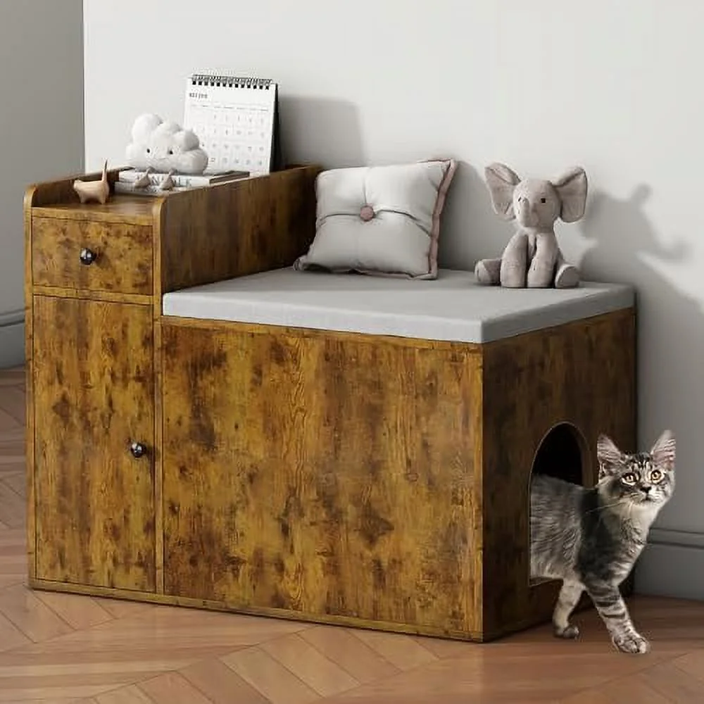 Cat Litter Box Enclosure  34” Litter Box Enclosure with Top Opening with Removable Cushion  Wooden Cat Washroom Hidden Litter Box Furniture House