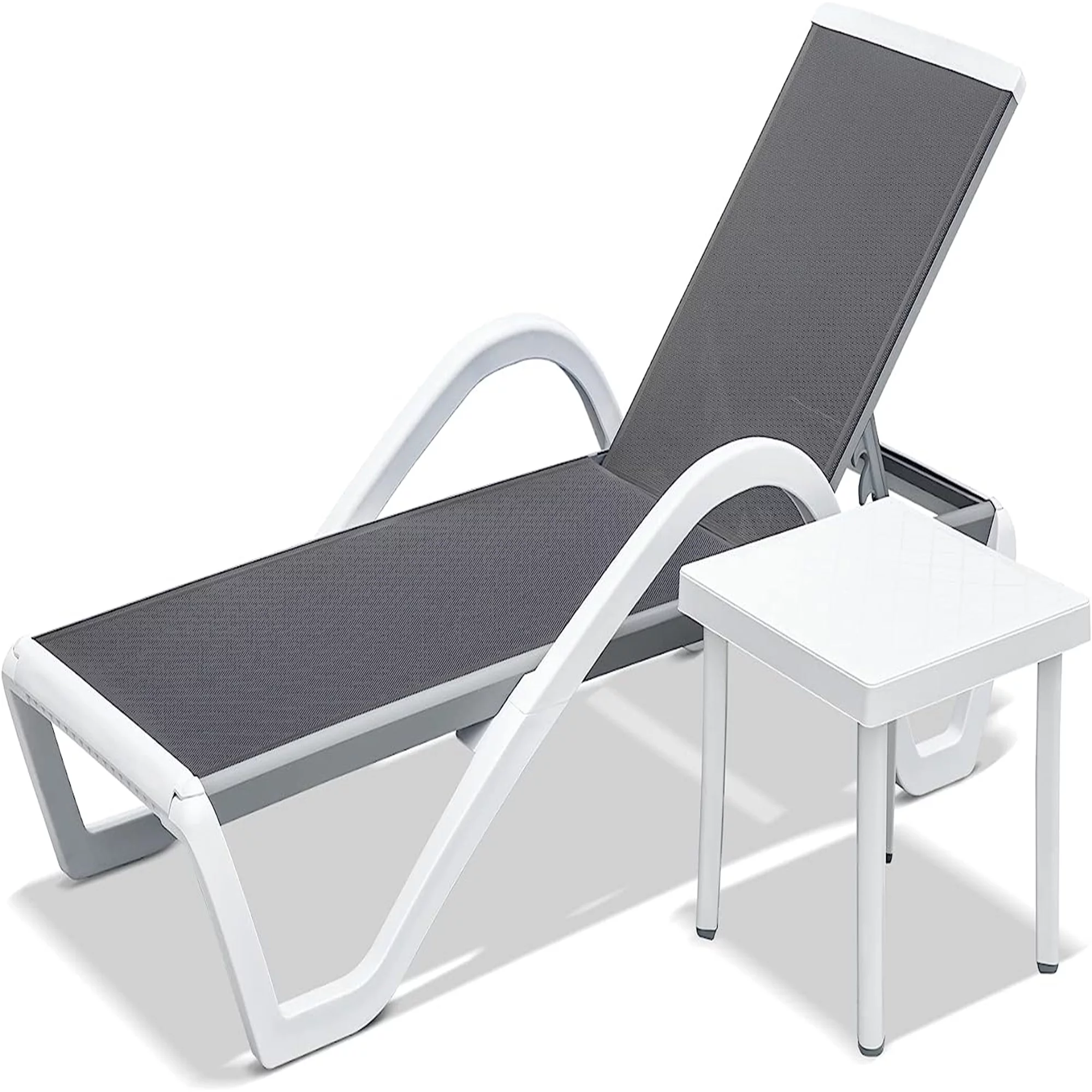 Homiyad Patio Chaise Lounge Adjustable Aluminum Pool Lounge Chairs with Arm All Weather Pool Chairs for Outside, In-Pool, Lawn (Gray, 1 Lounge Chair+1 Plastic Table)