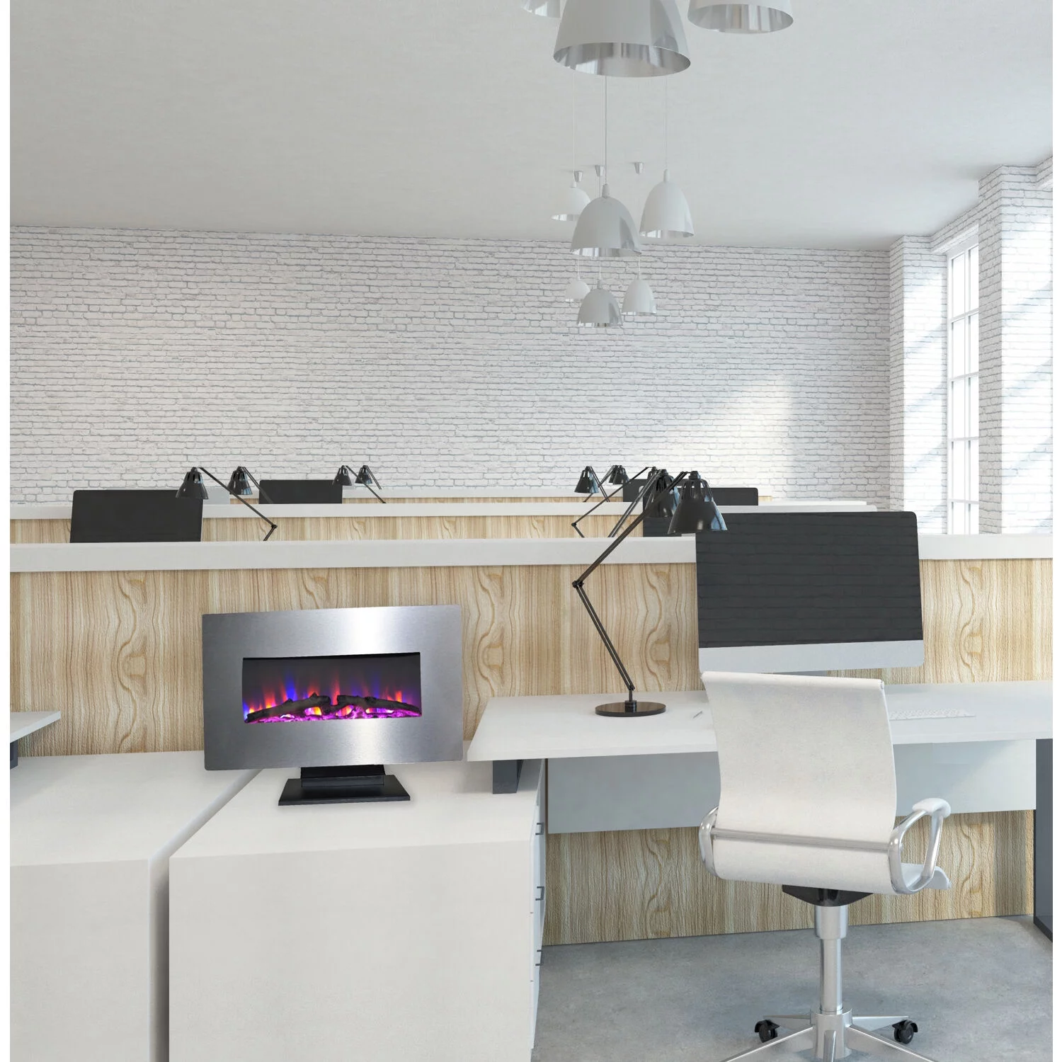 Cambridge 36 In. Electric Wall Mounted Fireplace Heater with Flame Driftwood Log Display, Adjustable Heat, Remote, in Stainless Steel Finish - CAM36WMEF-2SS