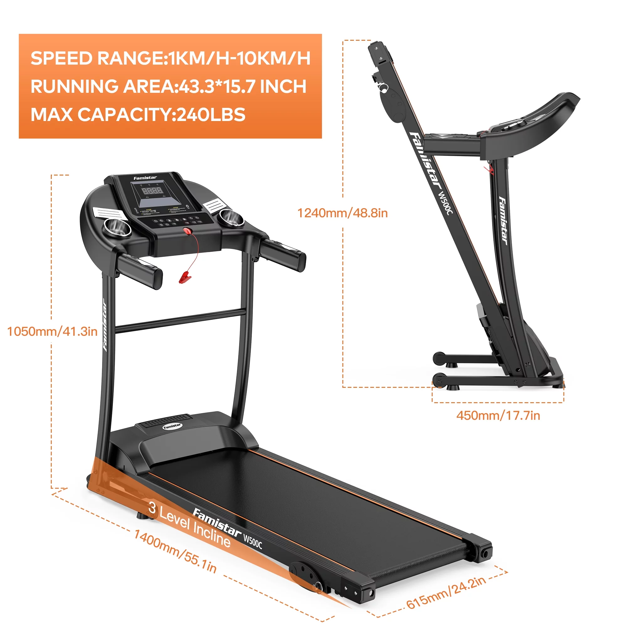 Famistar W500C 1.5HP Folding Electric Treadmill with 3 Level Manual Incline, Max 240LBS