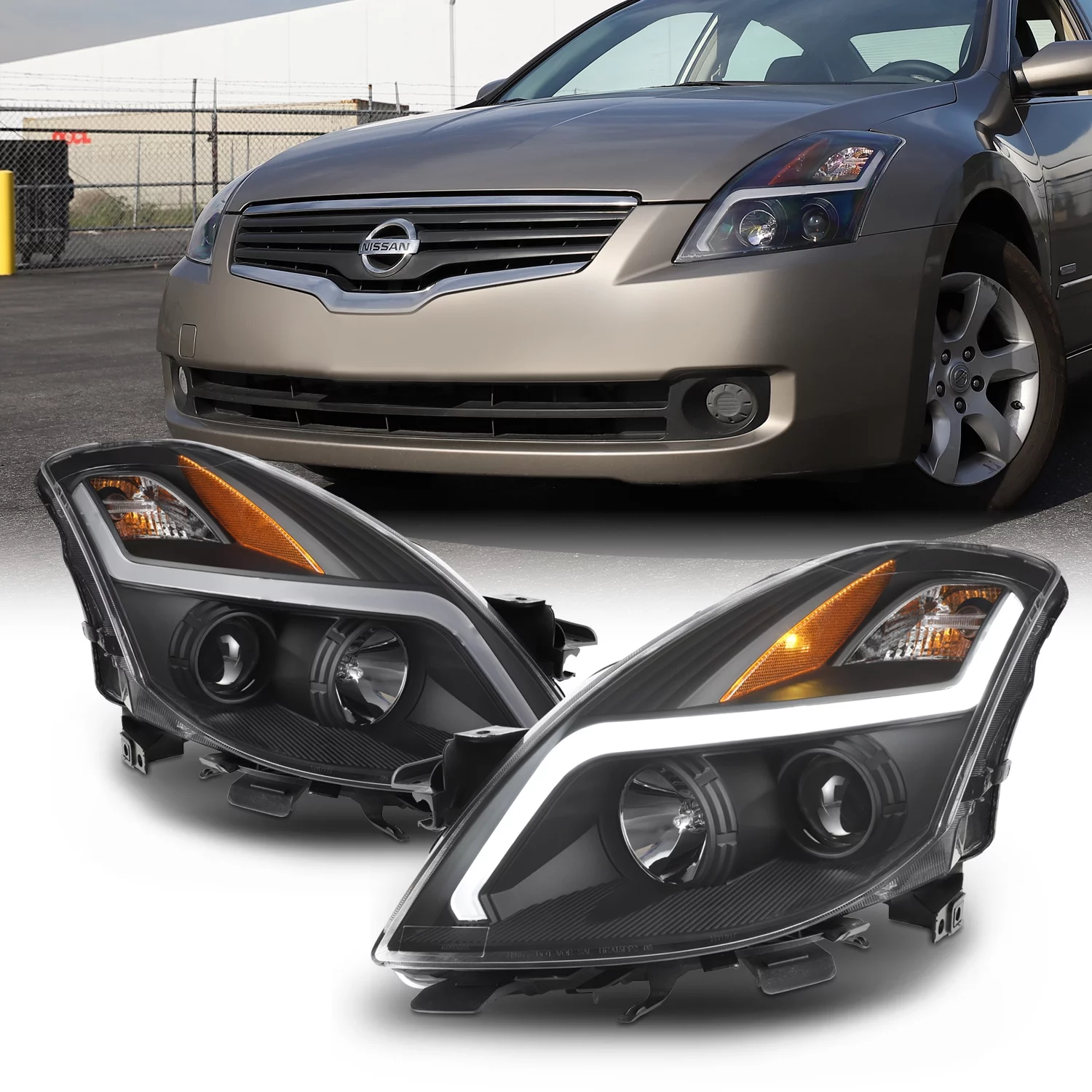AKKON - For 2008 2009 Nissan Altima 2-Door Coupe LED Strip Projector Headlight Black Housing Assembly Pair Lamps