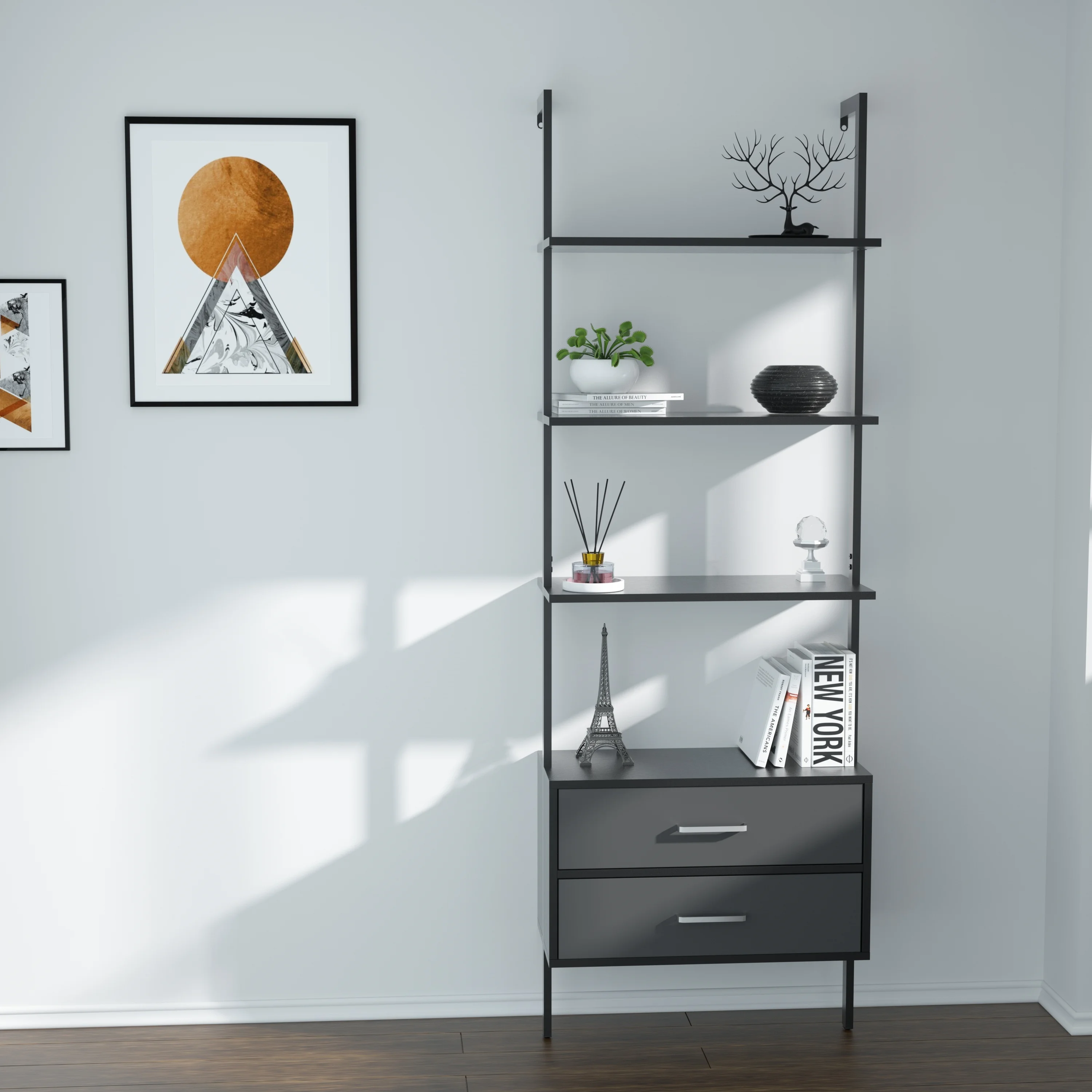 Williamspace Wall-mounted 4-Tier Ladder Bookshelf with 2 Drawers,Open Storage Shelves Bookcase for Office Living Room,Dark Grey