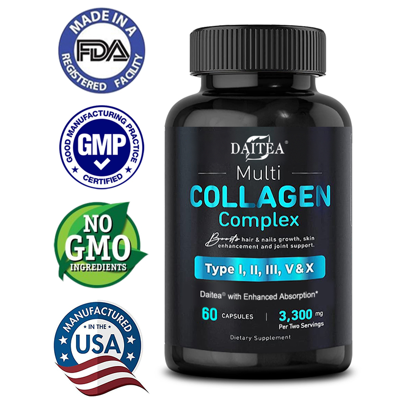 Daitea Collagen - Contains multiple collagen complexes, digestive enzyme blend - Types I, II, III, V, X - 30/60/120 Capsules