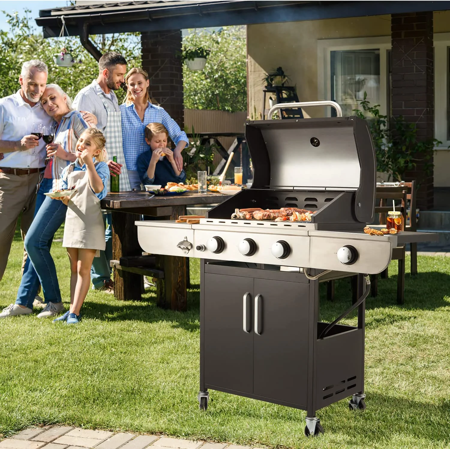 3 Burner BBQ Propane Gas Grill, 34,000 BTU Stainless Steel Patio Garden Barbecue Grill with Stove and Side Table