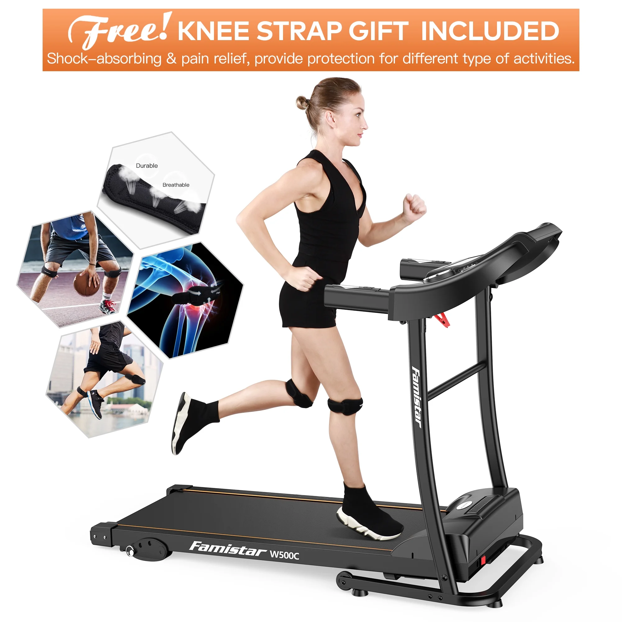 Famistar W500C 1.5HP Folding Electric Treadmill with 3 Level Manual Incline, Max 240LBS