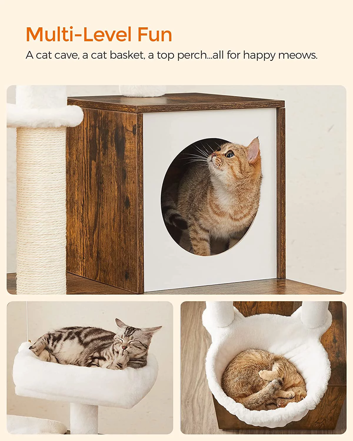 WoodyWonders Cat Tree with Litter Box Enclosure, 2-in-1 Modern Tower, Furniture Hidden, Cat Condo with Scratching Posts, Removable Pompom Sticks, Rustic Brown UPCT113X01