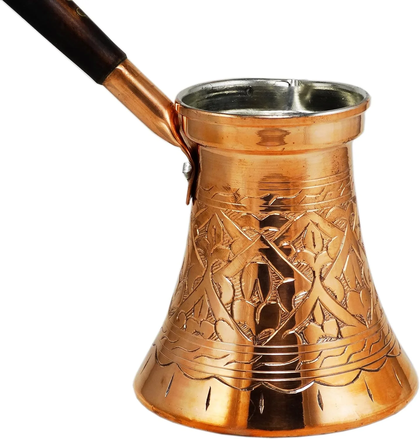 Hand Engraved And Decorated Turkish Greek Arabic Copper Coffee Stovetop Coffee Maker Cezve Ibrik Briki With Wooden Handle (Type52, C/Large 12.9 Fl. Oz)
