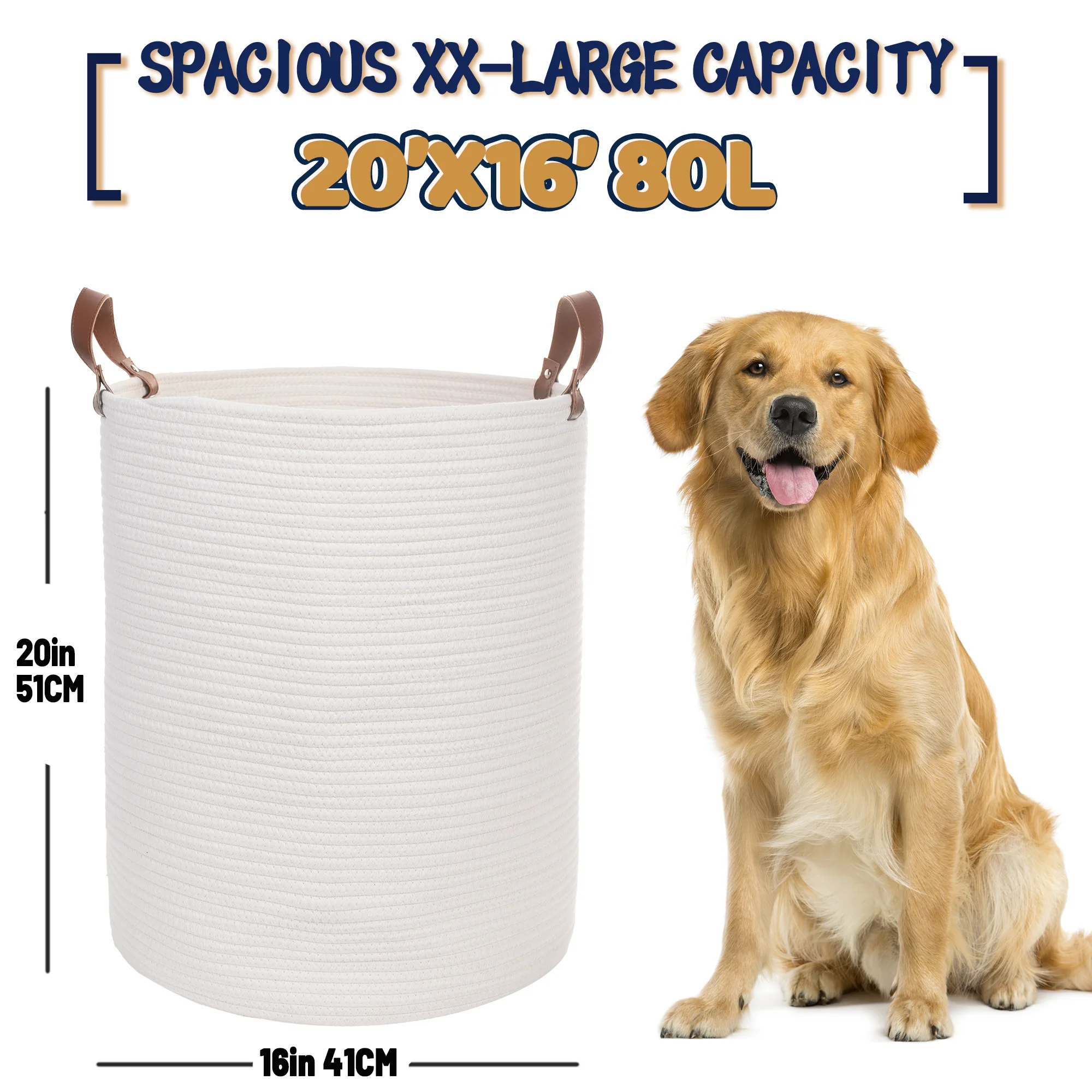 Caroeas XXXL Extra Large Rope Basket, 16''x20'' Woven Storage Basket with Leather Handles, Blanket Basket for Living Room, Tall Nursery Basket, Kids Toy Storage Organizer, White