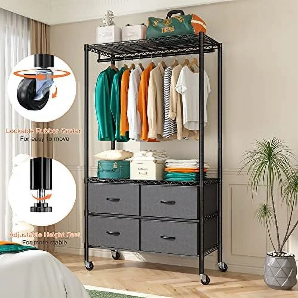SQWDEC   Clothing Racks for Hanging  Heavy Duty Clothing Rack Adjustable Clothes Racks for Hanging Clothes Metal Wire Garment Rack with 4 Fabric Drawers Portable Closet Black