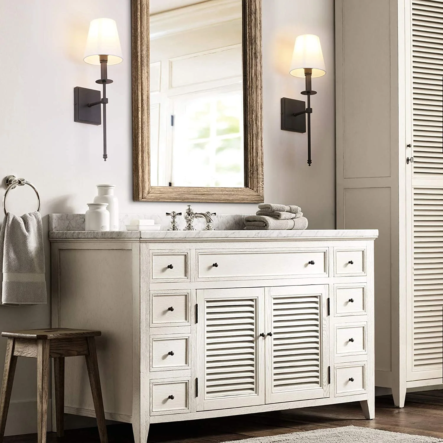 YANRUI Set of 2 Classic Rustic Industrial Wall Sconce Lighting Fixture with Flared White Textile Lamp Shade and Black Tapered Column Stand