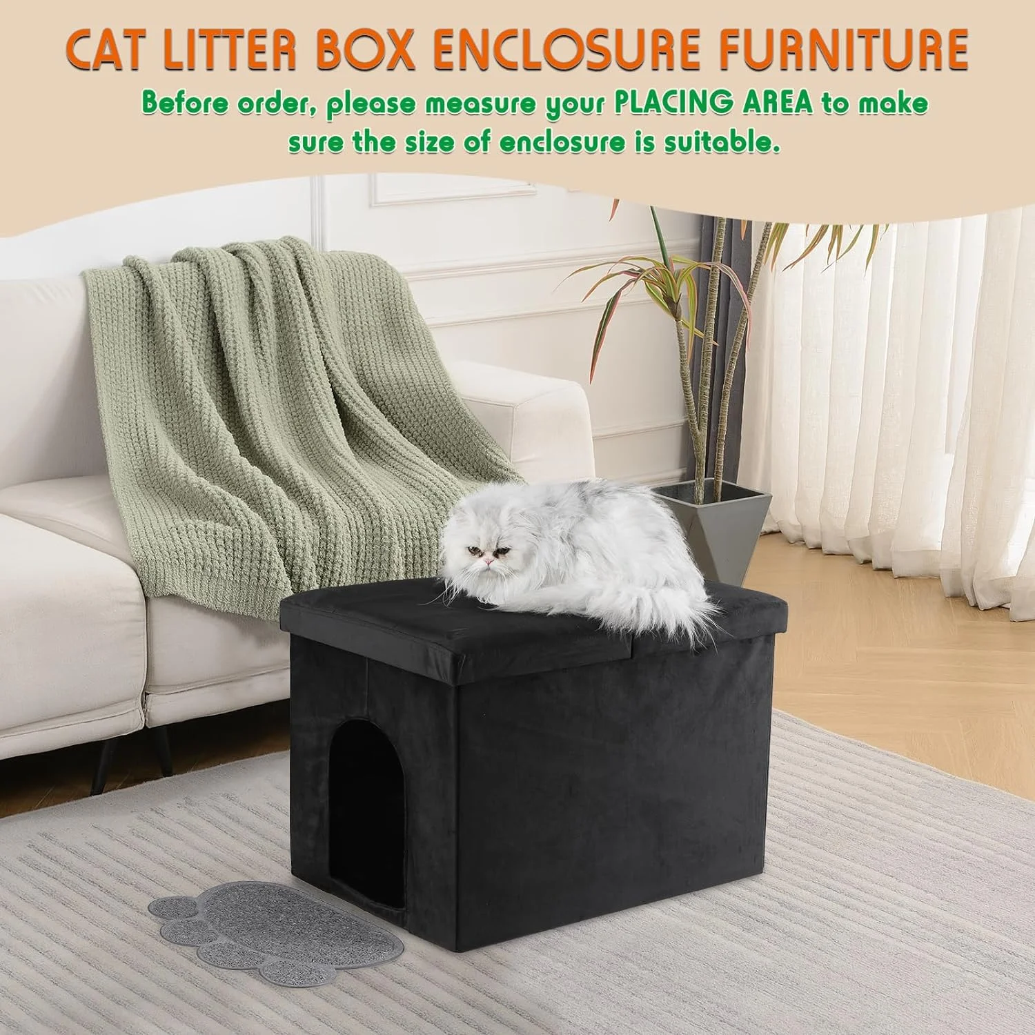 Cat Litter Box Enclosure Furniture Hidden Large, Lift Design Lid Velvet Cat Washroom Bench Storage Cabinet|25x 18 x 18 in|Dog Proof|Urine Proof Inside|Quick Assembly| Easy Clean(Black)