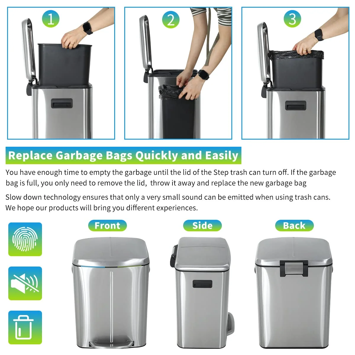Dkelincs Kitchen Trash Can with Lid 10 Gallon/ 40L Step Trash Can with Foot Pedal Anti-Fingerprint Garbage Bin with Liner, Silver