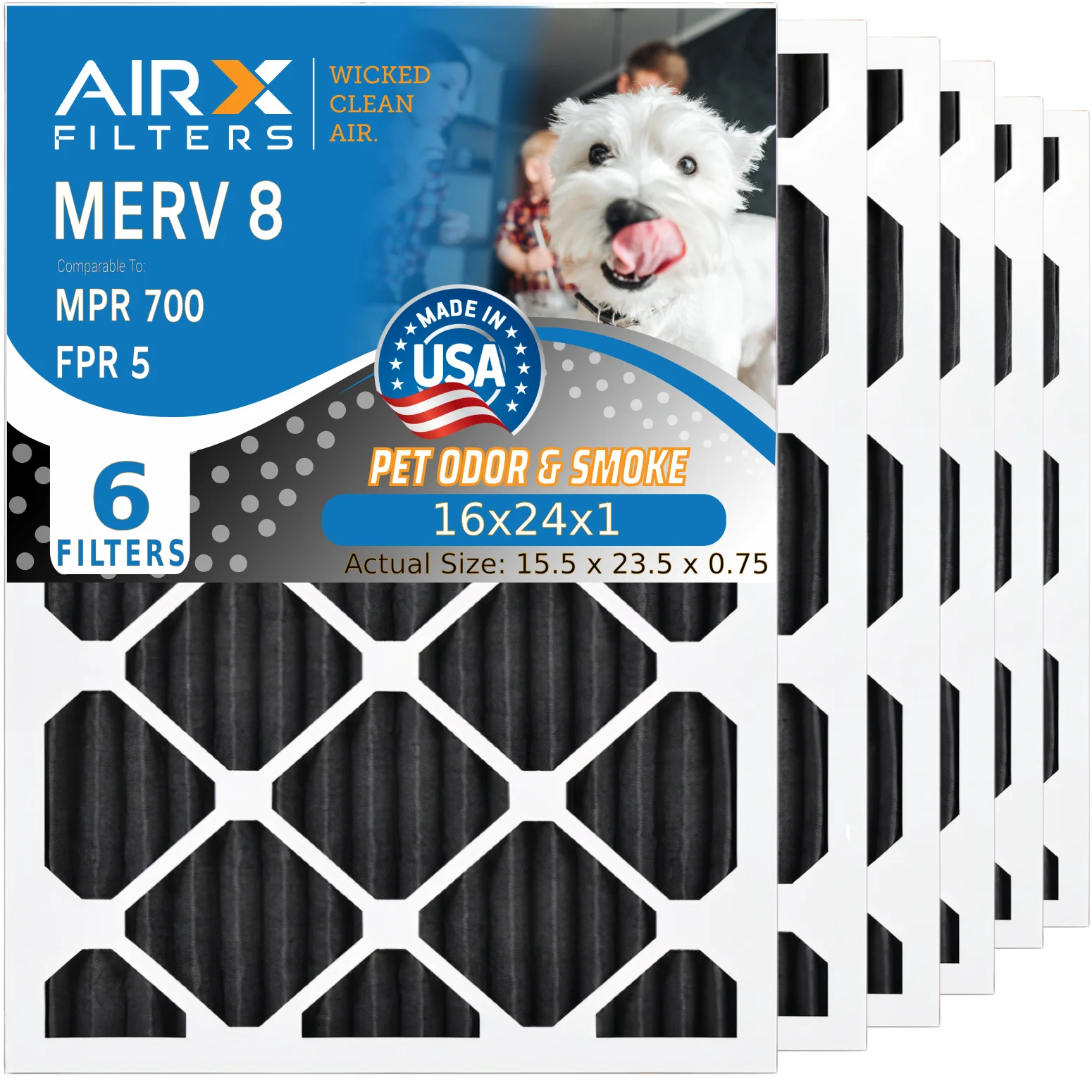 16x24x1 Air Filter Odor Eliminator Carbon Filter MERV 8 Comparable to MPR 700 & FPR 5 AC HVAC Premium USA Made 16x24x1 Furnace Filters by AIRX FILTERS WICKED CLEAN AIR. 6 Pack