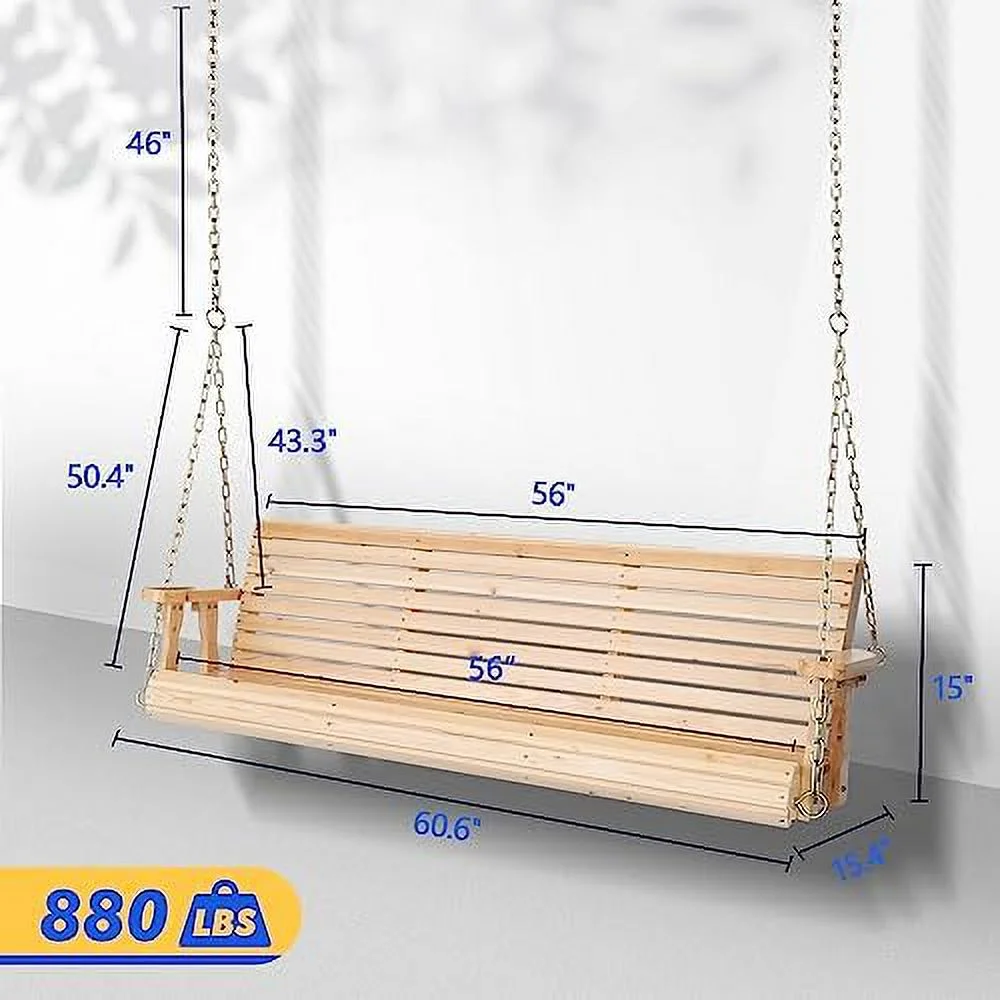 SQSFCB Upgraded Patio Wooden Porch Swing for Courtyard & Garden  Heavy Duty 880 LBS Swing Chair Bench with Hanging Chains for Outdoors (5 FT  White)