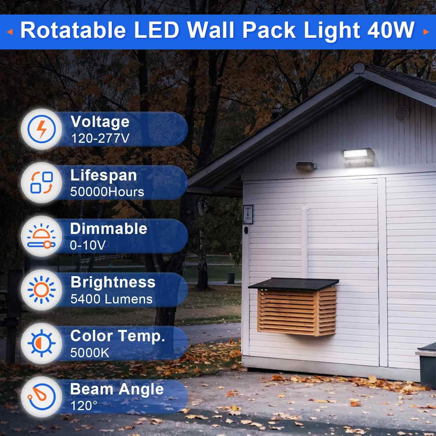 Rotatable LED Wall Pack Lights 40W, 5000K 5400LM Adjustable Head Outdoor Area Wall Pack Light (150-250W MH/HPS Equiv.) Commercial Outdoor Security Lighting for Warehouse, Parking UL DLC Listed