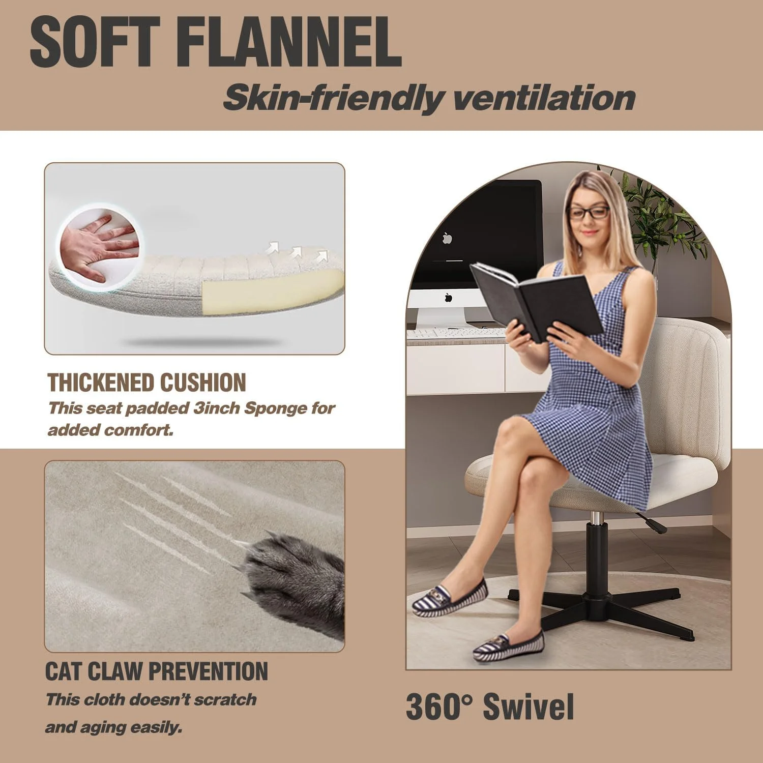 U-ToBe Cross Legged Office Chair,Criss Cross Chair Armless Wide Seat Ergonomic Home Office Desk Chair No Wheels Swivel Computer Chair