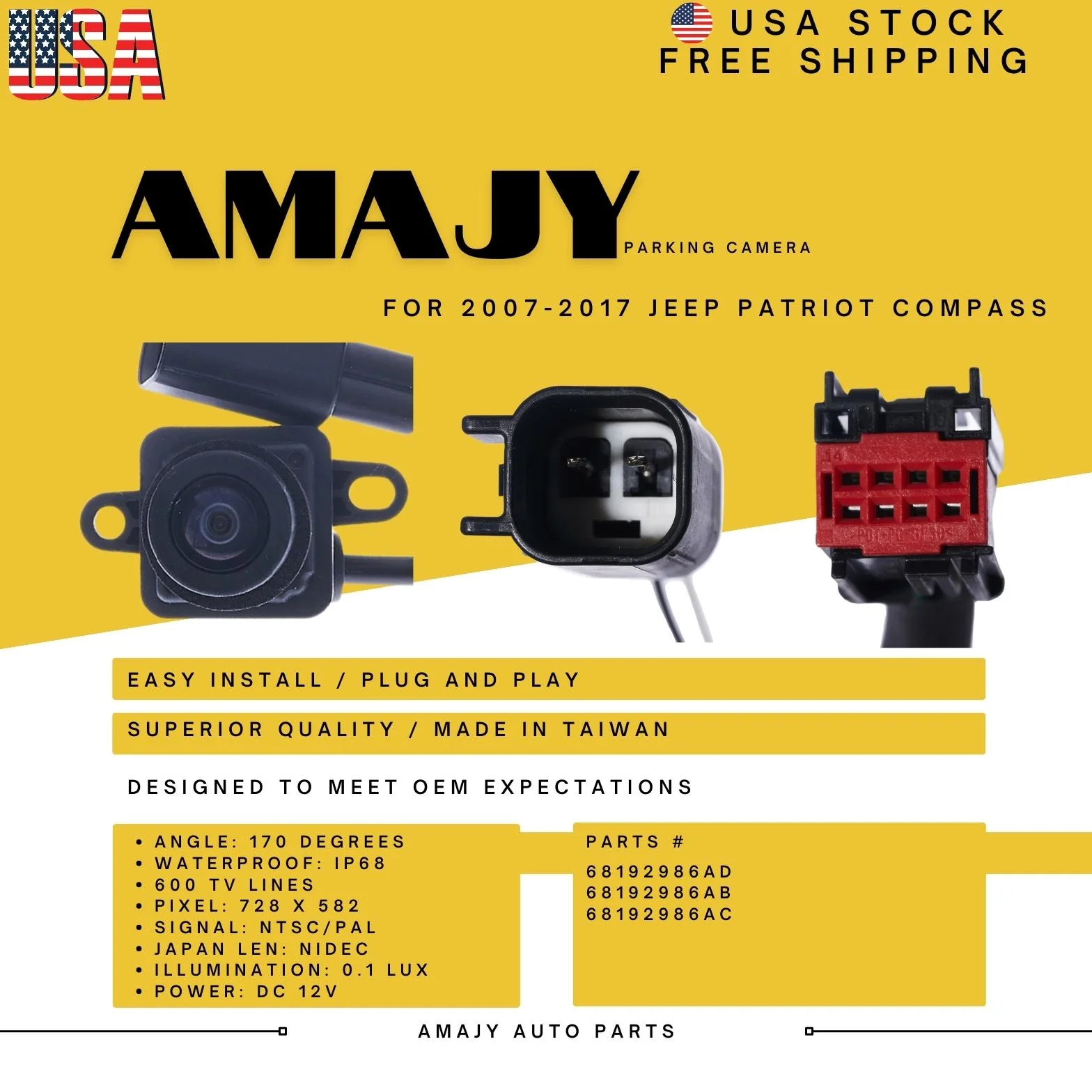 Backup Camera Replaces for 07-17 Jeep PATRIOT COMPASS 68192986AD 68192986AB 68192986AC