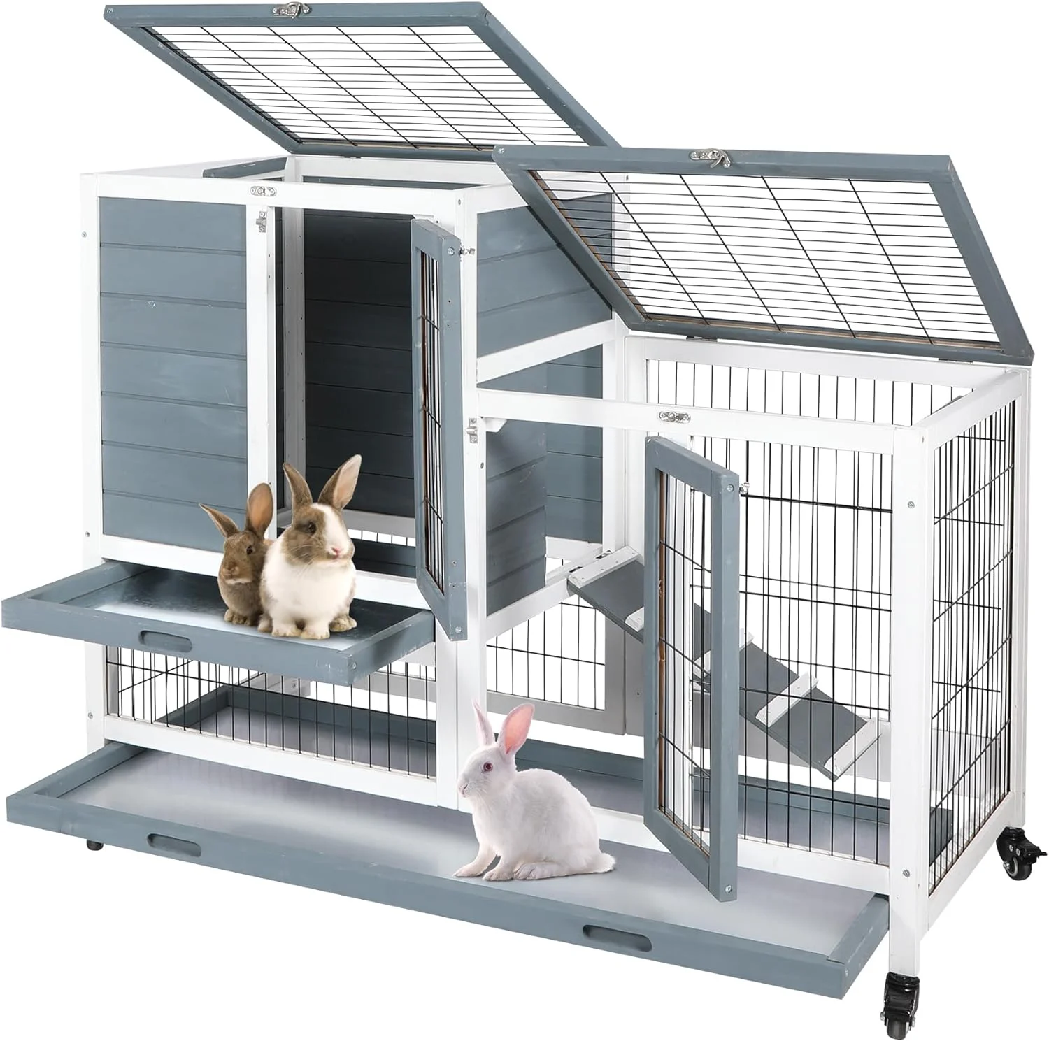 Lineslife Wooden Rabbit Hutch with Wheels Indoor Outdoor, Large Bunny Cage with Openable Roof, Pull Out Tray and ramp for Small Animals, Grey-2 Floor