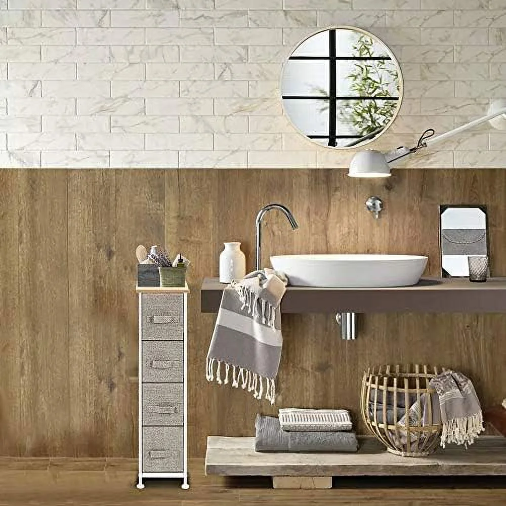 MQLIFEBOOM Narrow Dresser Vertical  Unit Vanity Organizer Livingroom Floor Cabinet with 4 Fabric Drawers Metal Frame Slim  Tower 7.9" Width for Living Room Kitchen (Linen/Natural)