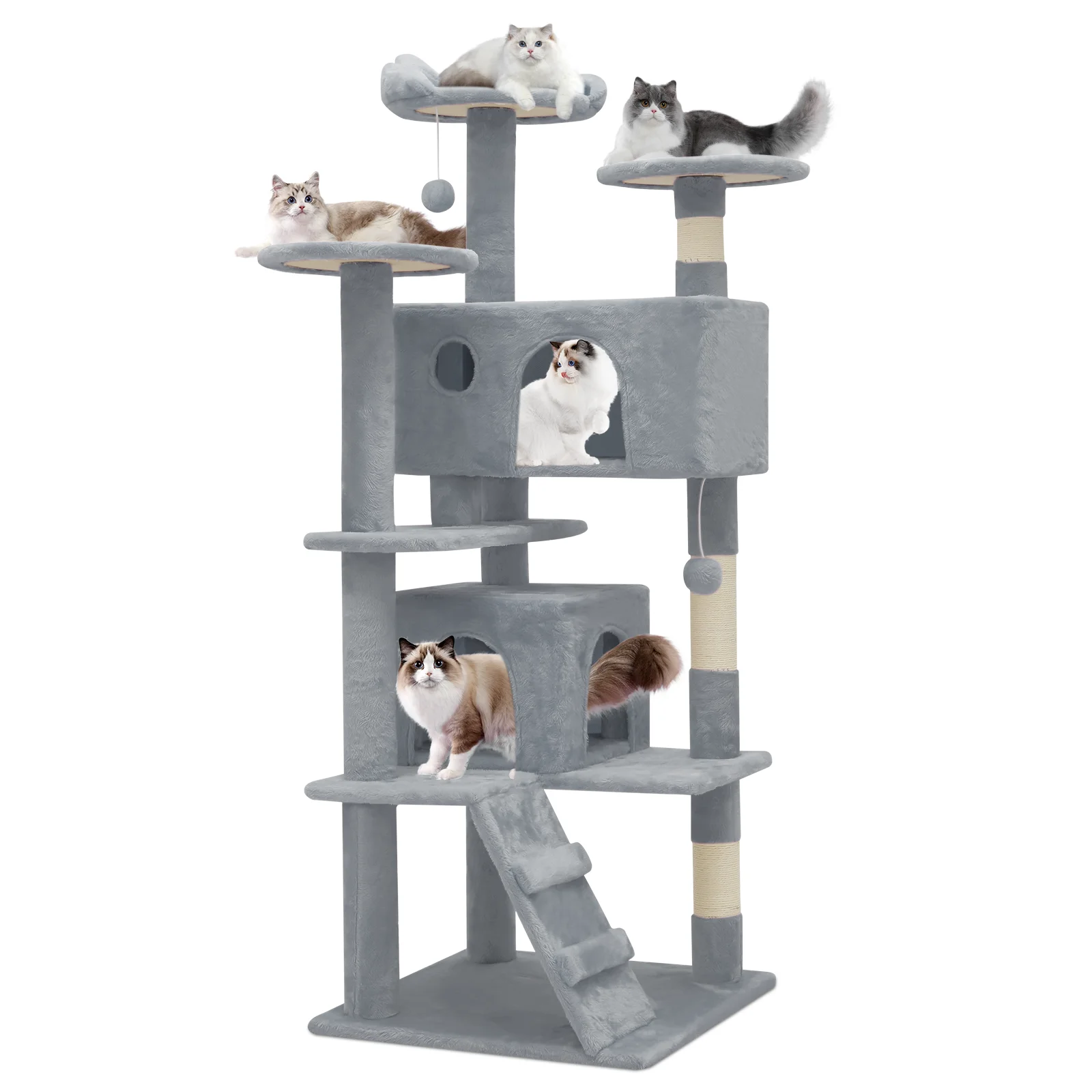 Magshion 54.5-in Cat Tree & Kittens Play House, Multi-Level Plush Cat Condo for Indoor Cats, Light Gray
