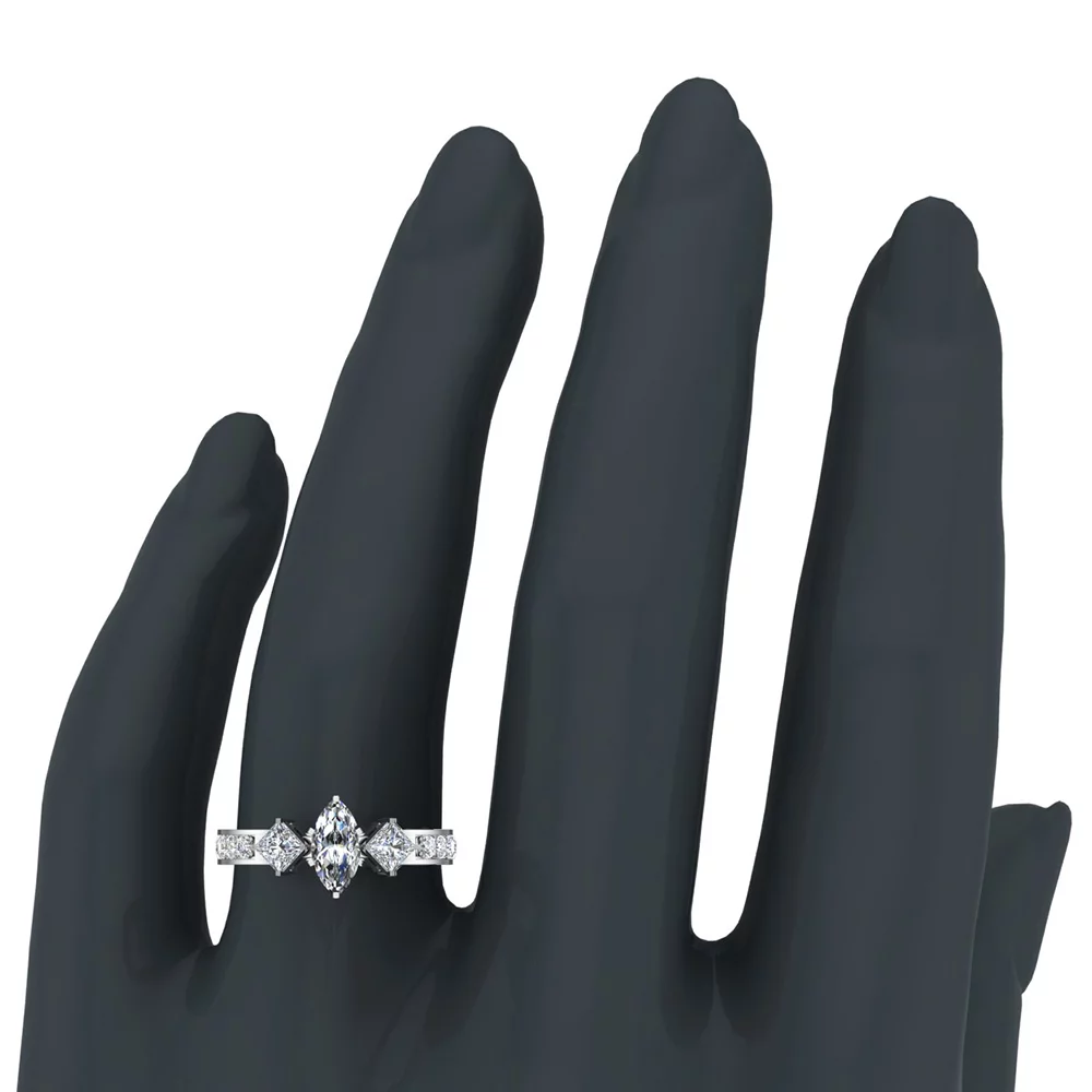 Three-Stone Diamond Engagement Ring Marquise and Princess Cut Diamond Rings 14K White Gold 1.40 Carat (H,SI1)