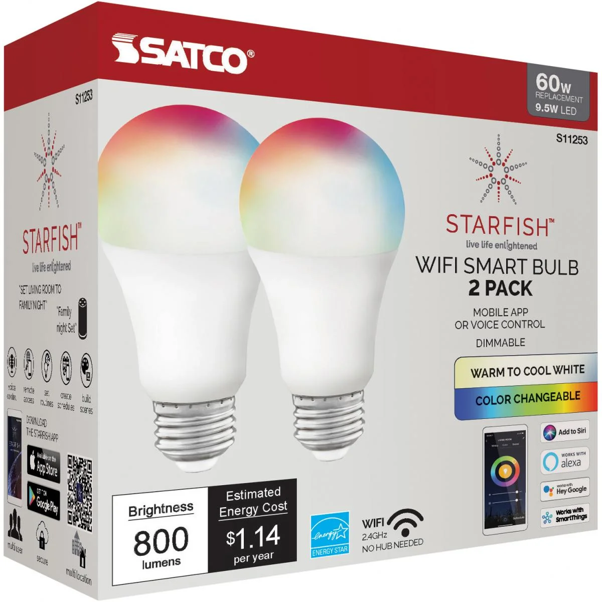SATCO S11253 9.5W 120V A19 LED Light Bulb Starfish IOT RGB & Tunable White (2 Bulbs)