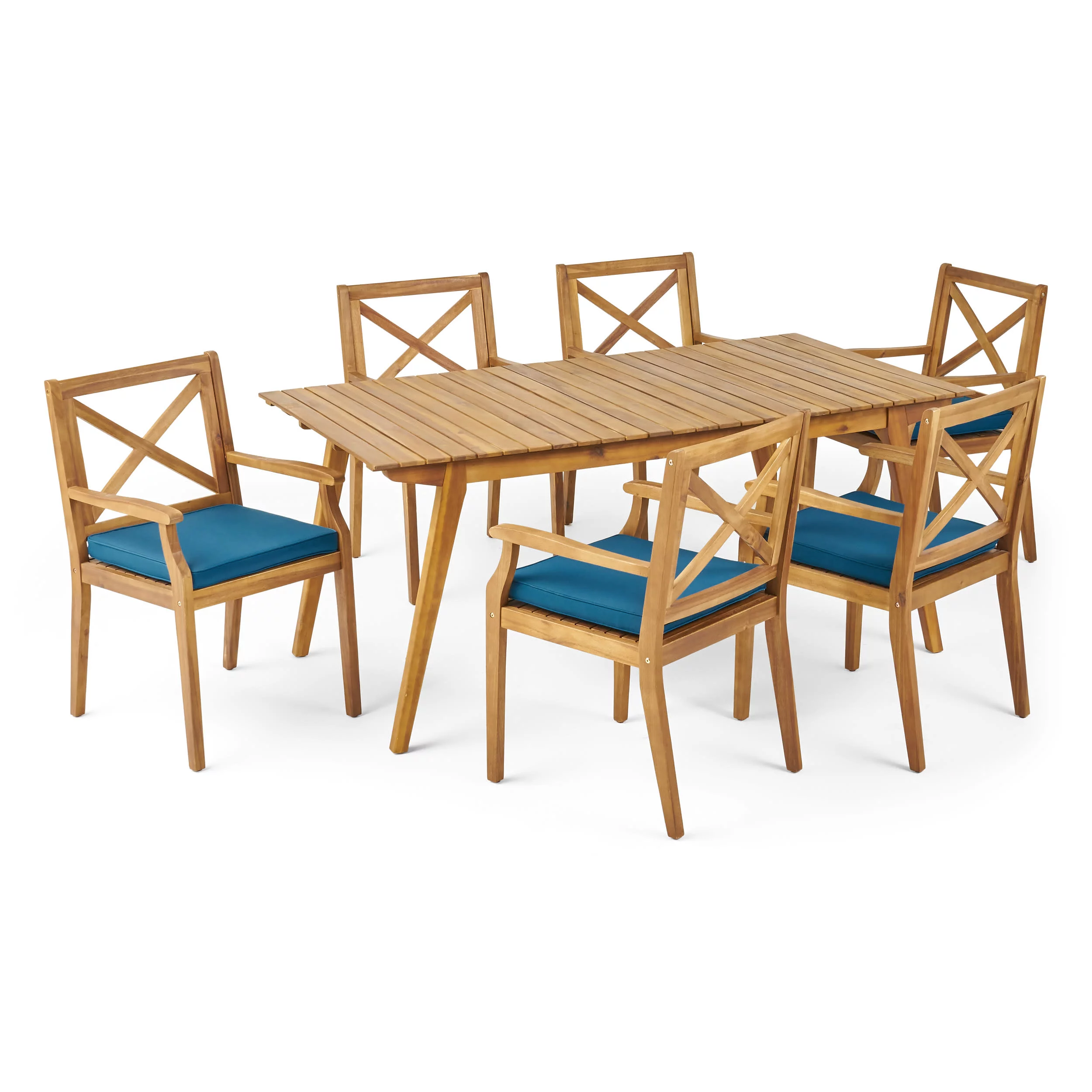 GDF Studio Tulum Outdoor Acacia Wood 7 Piece Dining Set with Cushion, Teak and Blue