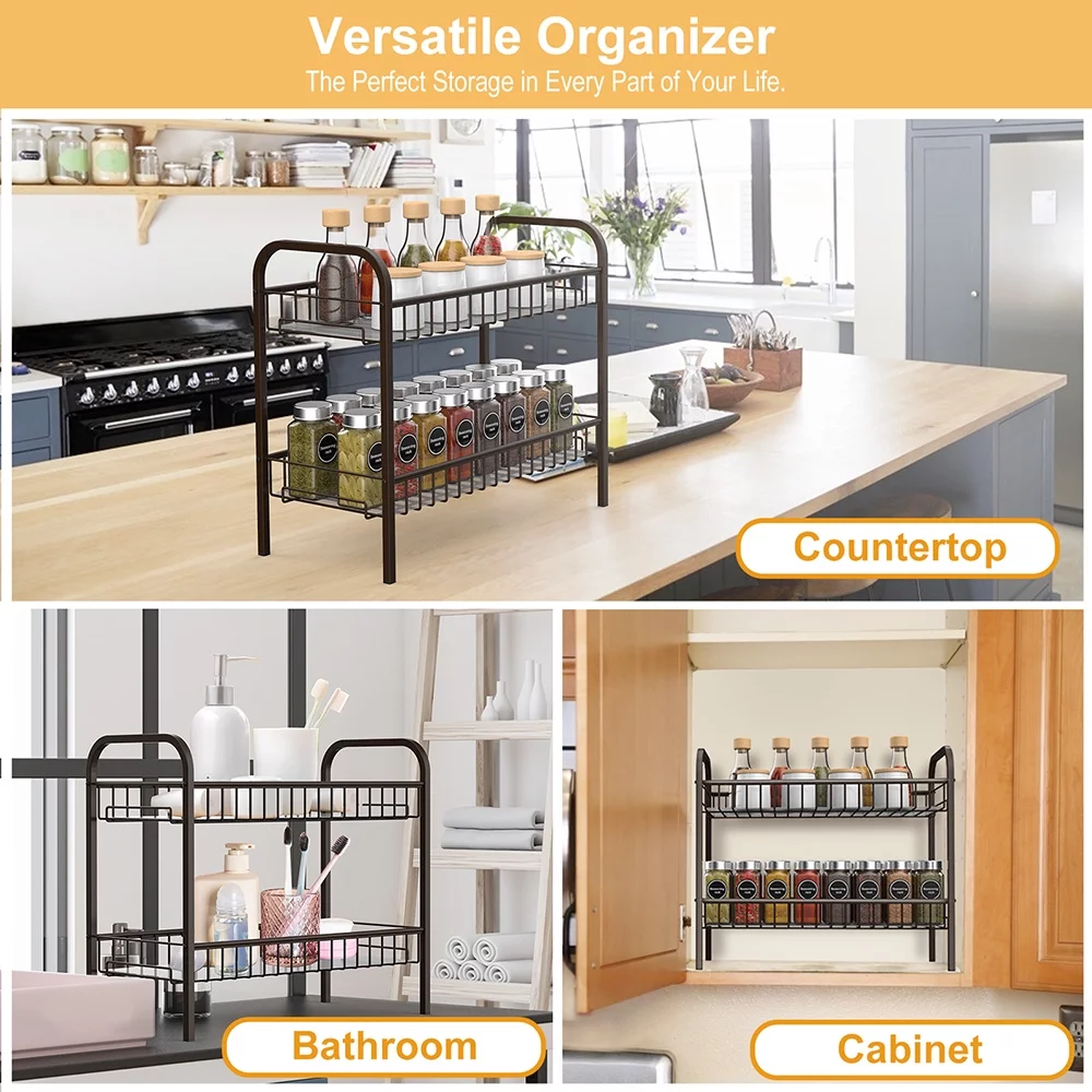 Spice Rack Organizer for Cabinet Countertop, 2 Tier Freestanding Metal Kitchen Storage with Shelf Liner for Kitchen Cabinet Bathroom Pantry Office