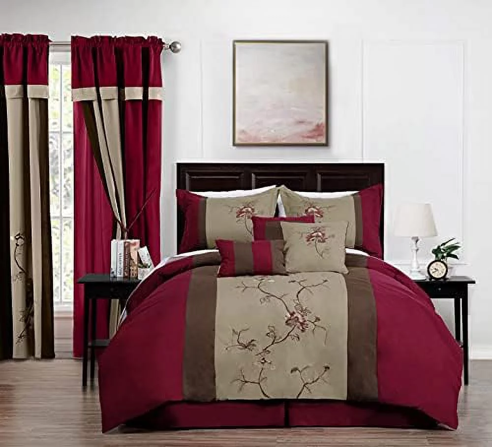 TJRUOPG Vienna 7-Piece Embroidered Floral Comforter Set (Queen  Burgundy Taupe Brown)
