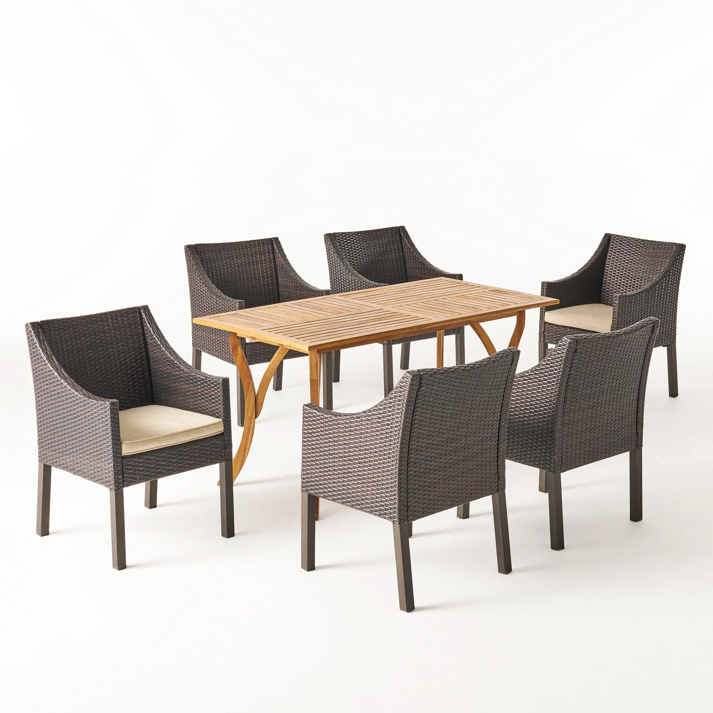 GDF Studio Elodie Outdoor Wicker and Acacia Wood 7 Piece Dining Set with Cushions, Multibrown, Beige, and Teak